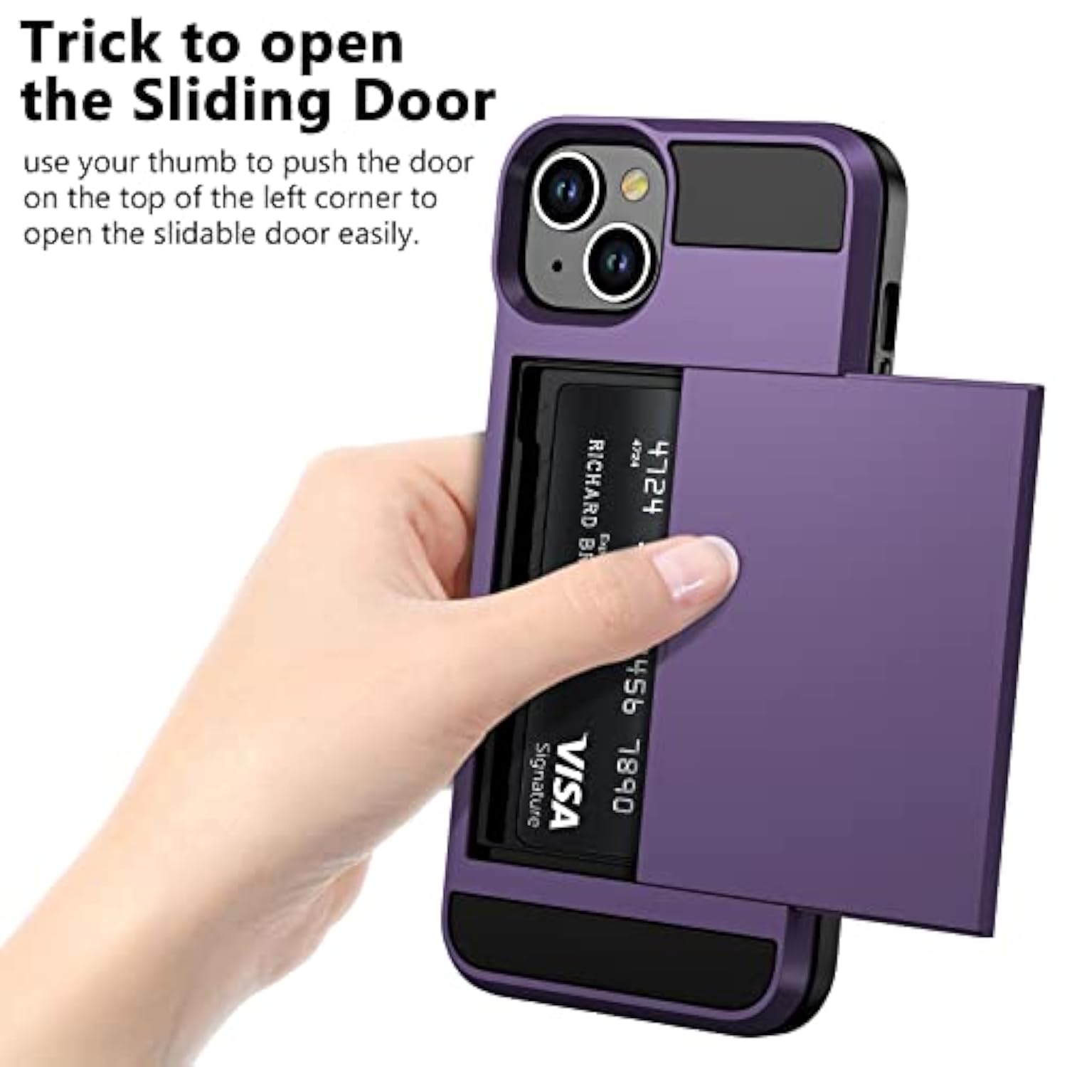 For Iphone 14 Case Wallet Credit Card Holder Id Slot Sliding Door Hidden Pocket Men Women Anti-Scratch Dual Layer Hybrid Bumper Armor Protective Shell Back Cover For Iphone 14 6.1" Greypurple