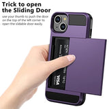 For Iphone 14 Case Wallet Credit Card Holder Id Slot Sliding Door Hidden Pocket Men Women Anti-Scratch Dual Layer Hybrid Bumper Armor Protective Shell Back Cover For Iphone 14 6.1" Greypurple