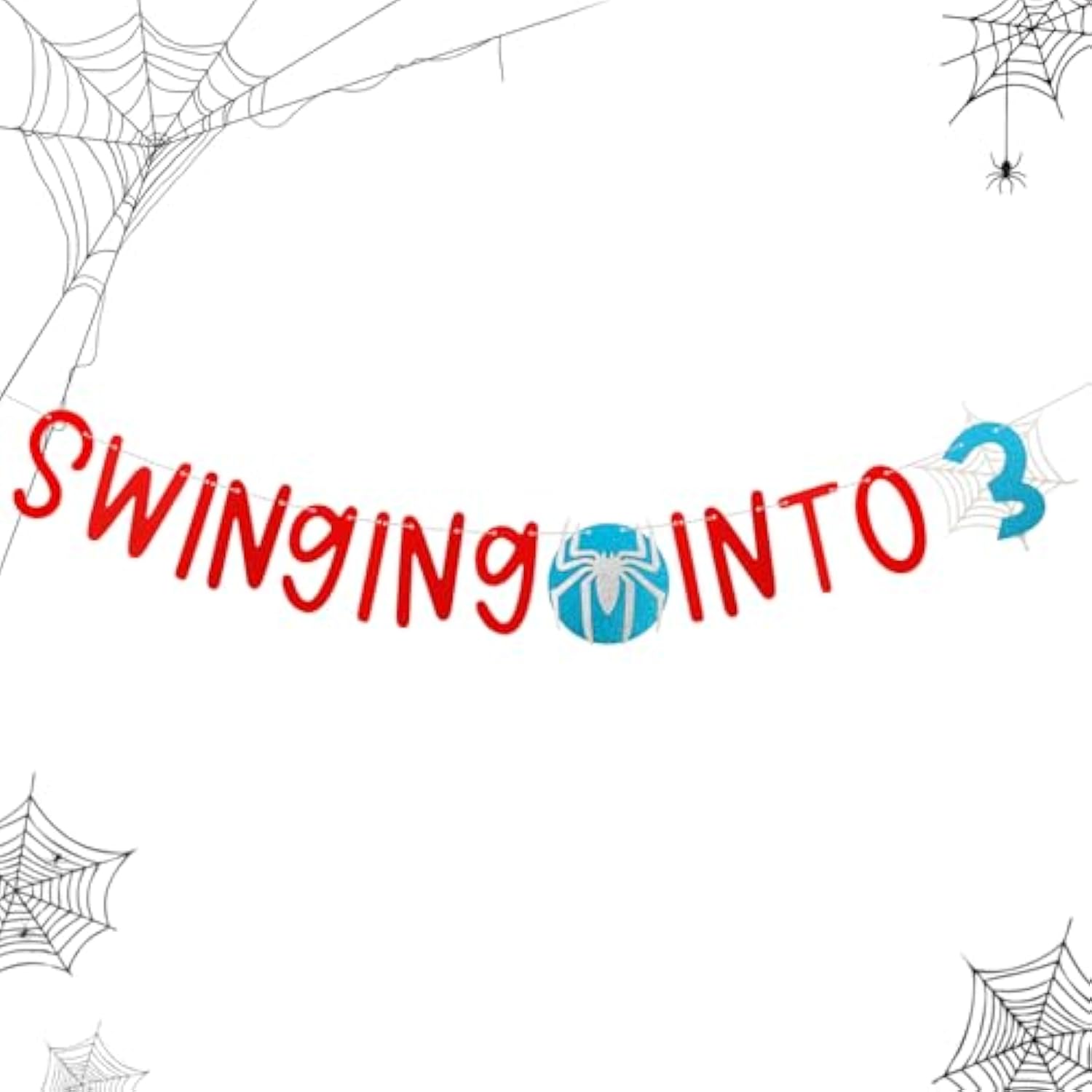 Swinging Into 3 Banner For 3 Year Old Boys Spider Theme Birthday Decorations Decor, Happy Birthday Party Supplies