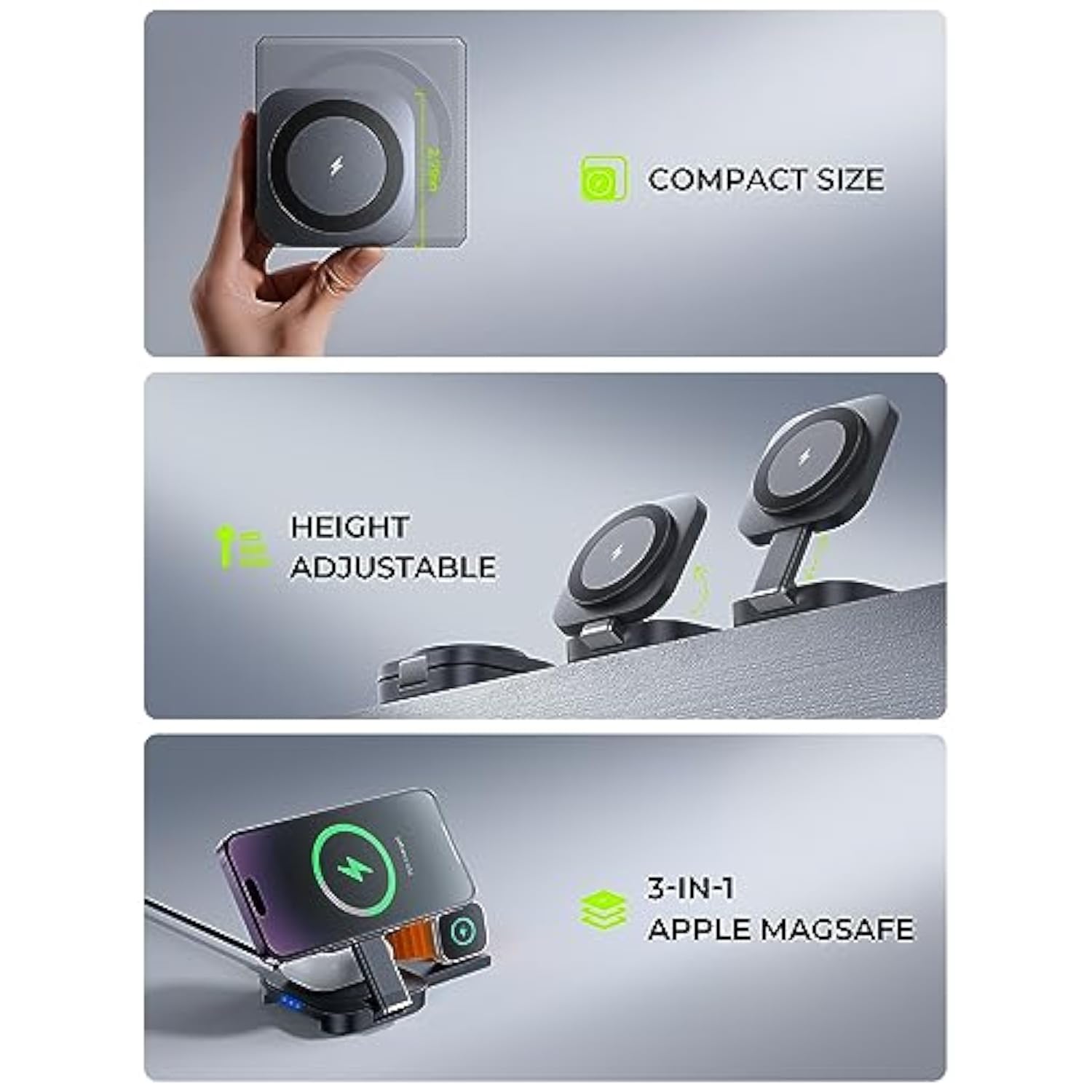 3 In 1 Charging Station For Apple Magsafe Charger Travel Accessories, Wireless Charger 3 In 1 For Iphone 16 15 Pro Max Magsafe Accessories Charger For Airpods Iwatch Iphone 12-16 Black