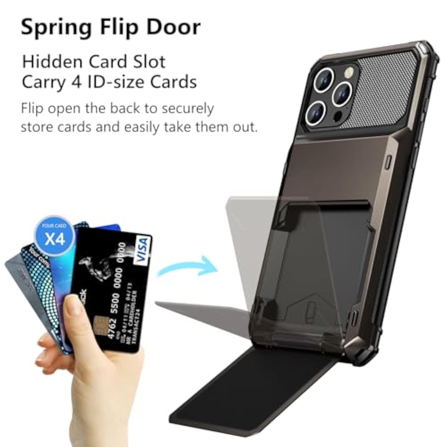 Compatible With Iphone 16 Pro Max Case With Card Holder Dual Layer Heavy Duty Drop Protection Hidden Flip 4-Card Slot Wallet Phone Case For Iphone 16 Pro Max For Women Men, 6.9'' Gun Metal