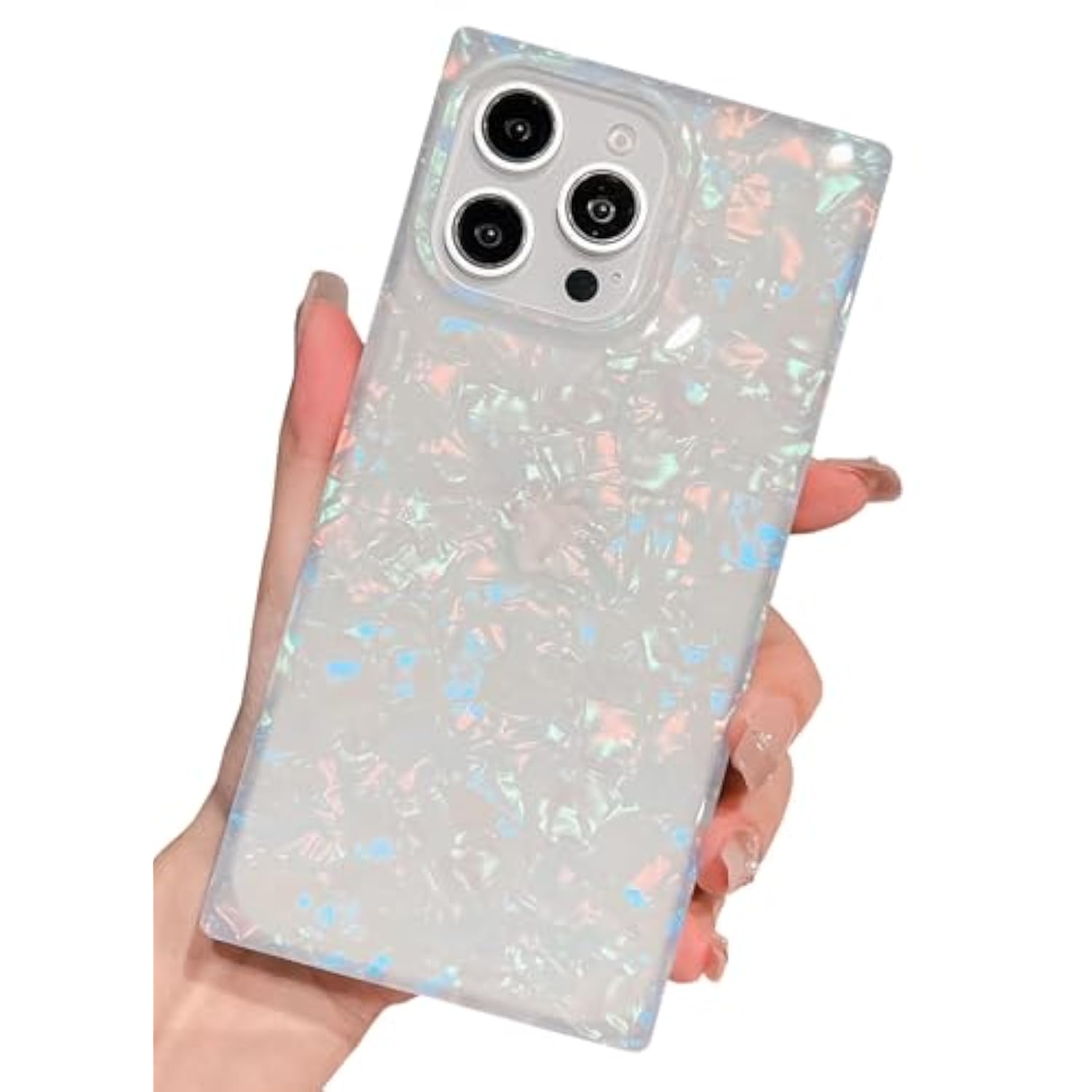 Cute Girly Rectangle Compatible With Iphone 16 Pro Max Case, Slim Colorful Sparkle Glitter Mother Shell Pearl Pattern Translucent Soft Tpu Protective Bumper Cases Cover(Pearl,16 Pro Max)