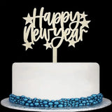 Happy New Year Cake Topper Wooden Natural Color Stars Decoration