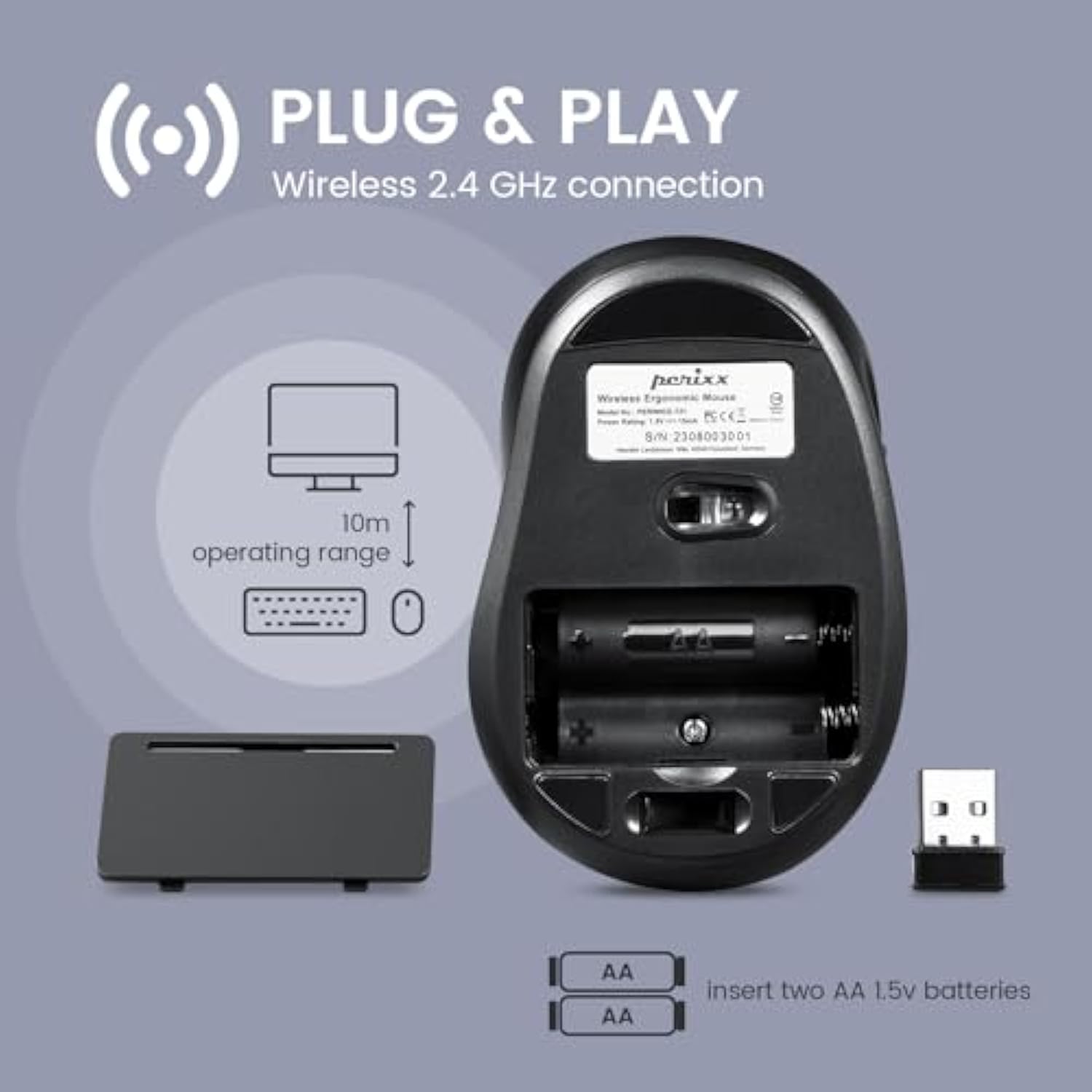 Perixx PERIMICE-721WB Wireless Ergonomic Mouse - 5 Button Optical Design - Silent Clicks - Compatible for Desktop and Laptop PC - Wireless 2.4 GHz - White and Black