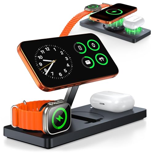Foldable 3-in-1 Wireless Charging Station for  Magsafe Charger Stand, Travel-Friendly Fast Magnetic Wireless Charger Station for iPhone