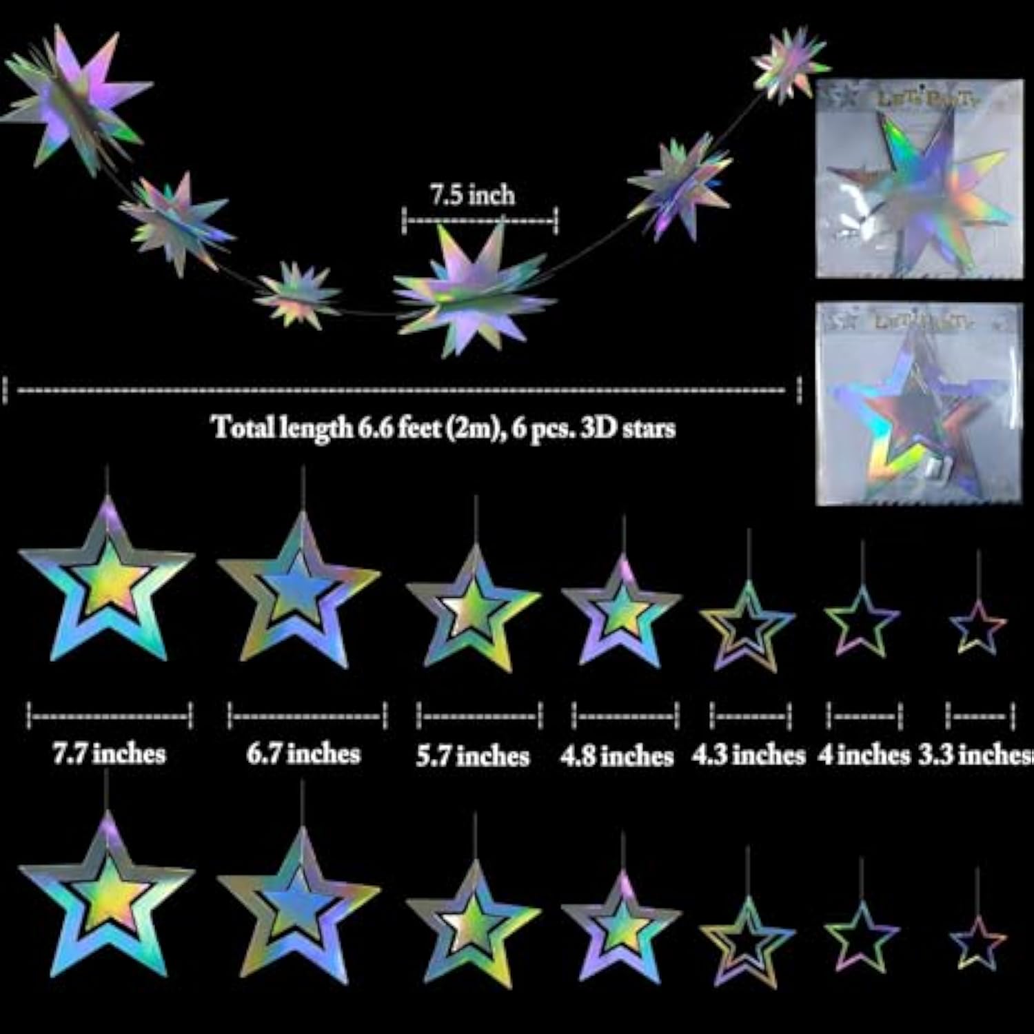 Iridescent Star Garland Decorations Holographic Hanging Star Party Decoration Galaxy Birthday Decor Ramadan Eid Twinkle Star Banner Backrop Alien Space Celestial Theme Party Supplies