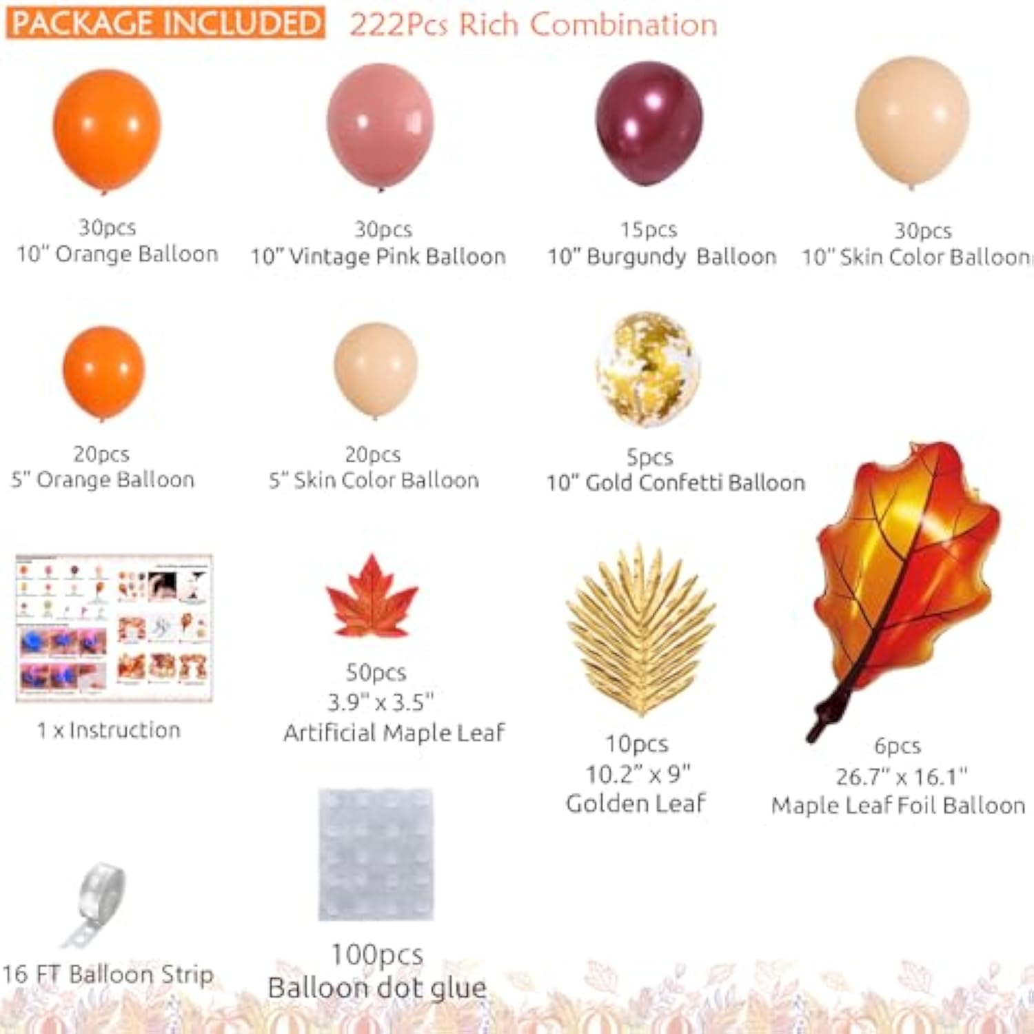 Fall Balloon Arch Kit: Burgundy, Orange, and Maple Leaf Garland