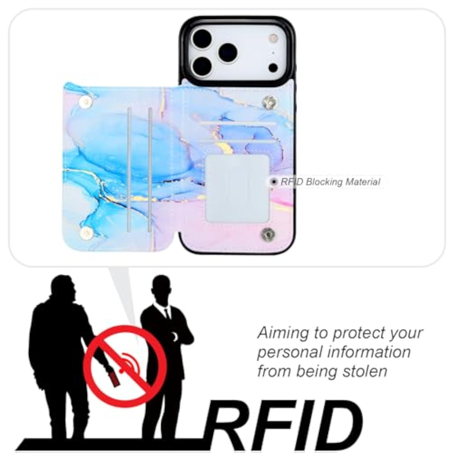Wallet Case Card Holder for iPhone 17 Pro Max, Pink Blue Marble