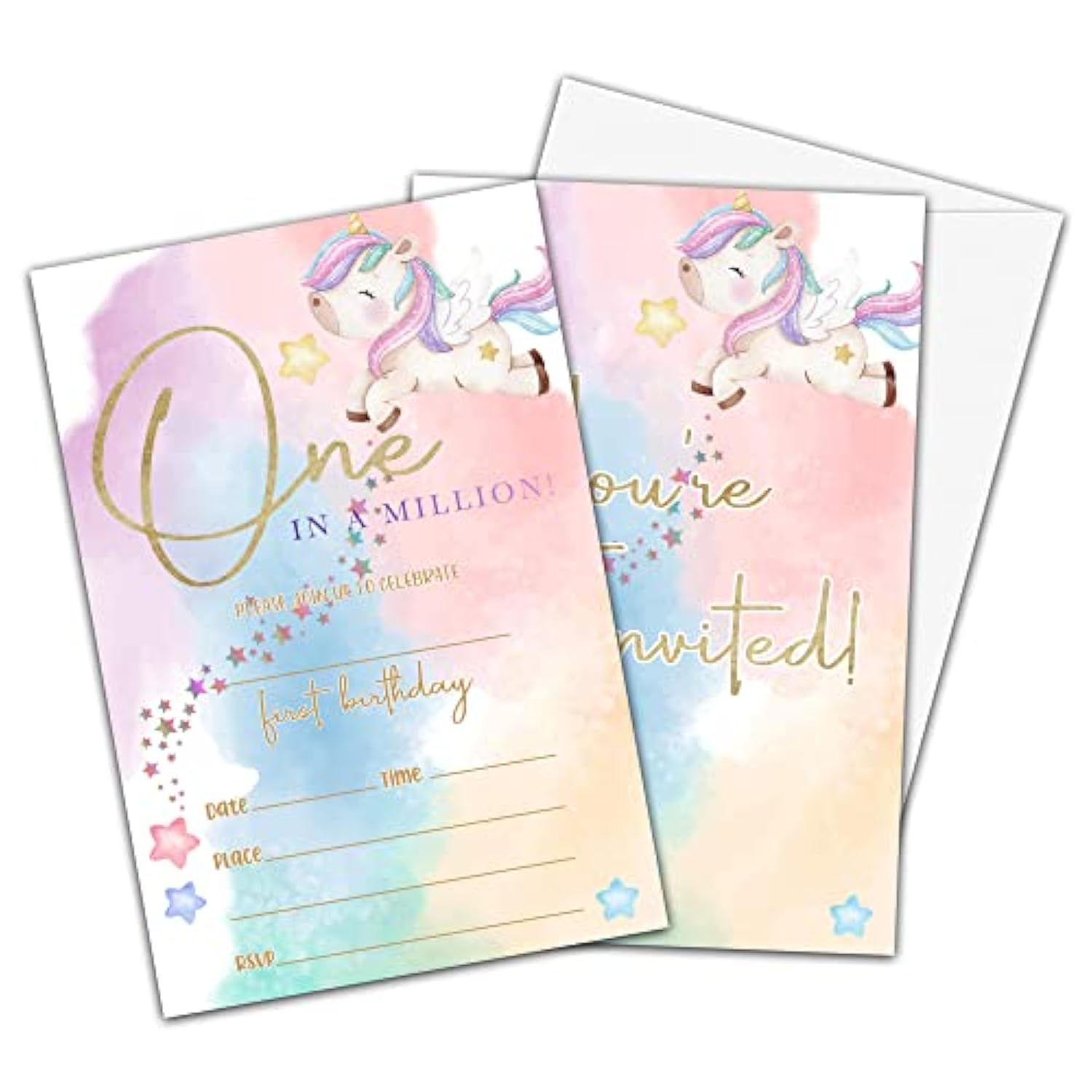 Unicorn Birthday Invitations For Boys Girls, Rainbow Birthday Party Supplies And Decoration, 20 Cards With 20 Envelopes -A04