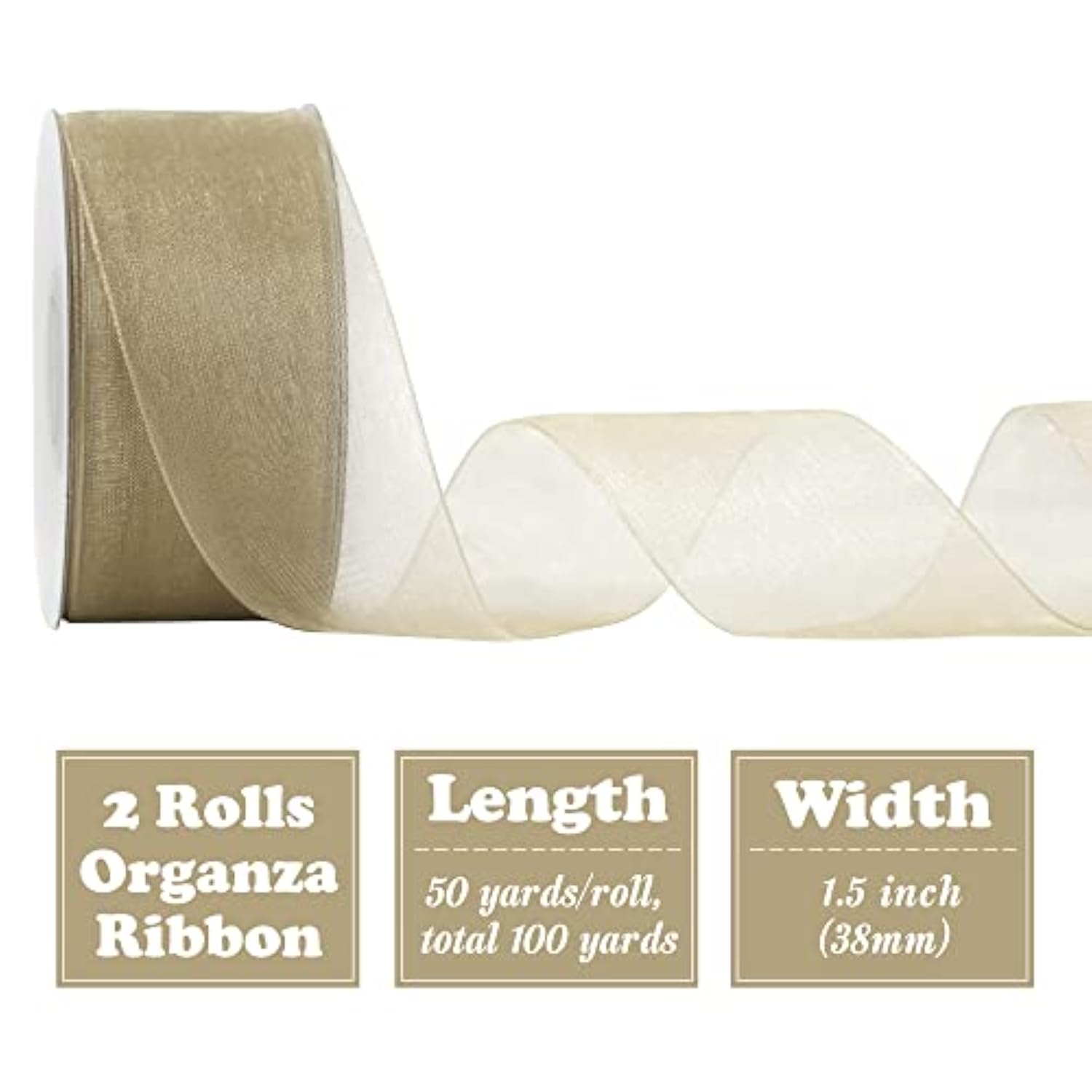 2 Rolls Shimmer Sheer Organza Ribbon 1-1/2 Inch Champagne Chiffon Fabr