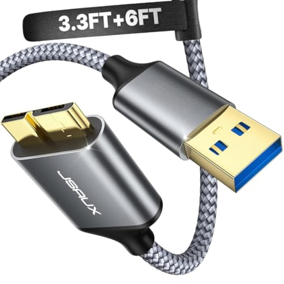 Micro Usb 3.0 Cable [2 Pack, 3.3Ft+6.6Ft], Usb 3.0 A To Micro B Cord External Hard Drive Cable Nylon Braided For Samsung S5/Note 3/Pro 12.2, Camera, Western Digital, Toshiba, My Passport-Grey