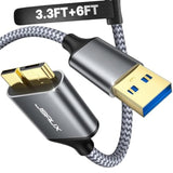 Micro Usb 3.0 Cable [2 Pack, 3.3Ft+6.6Ft], Usb 3.0 A To Micro B Cord External Hard Drive Cable Nylon Braided For Samsung S5/Note 3/Pro 12.2, Camera, Western Digital, Toshiba, My Passport-Grey