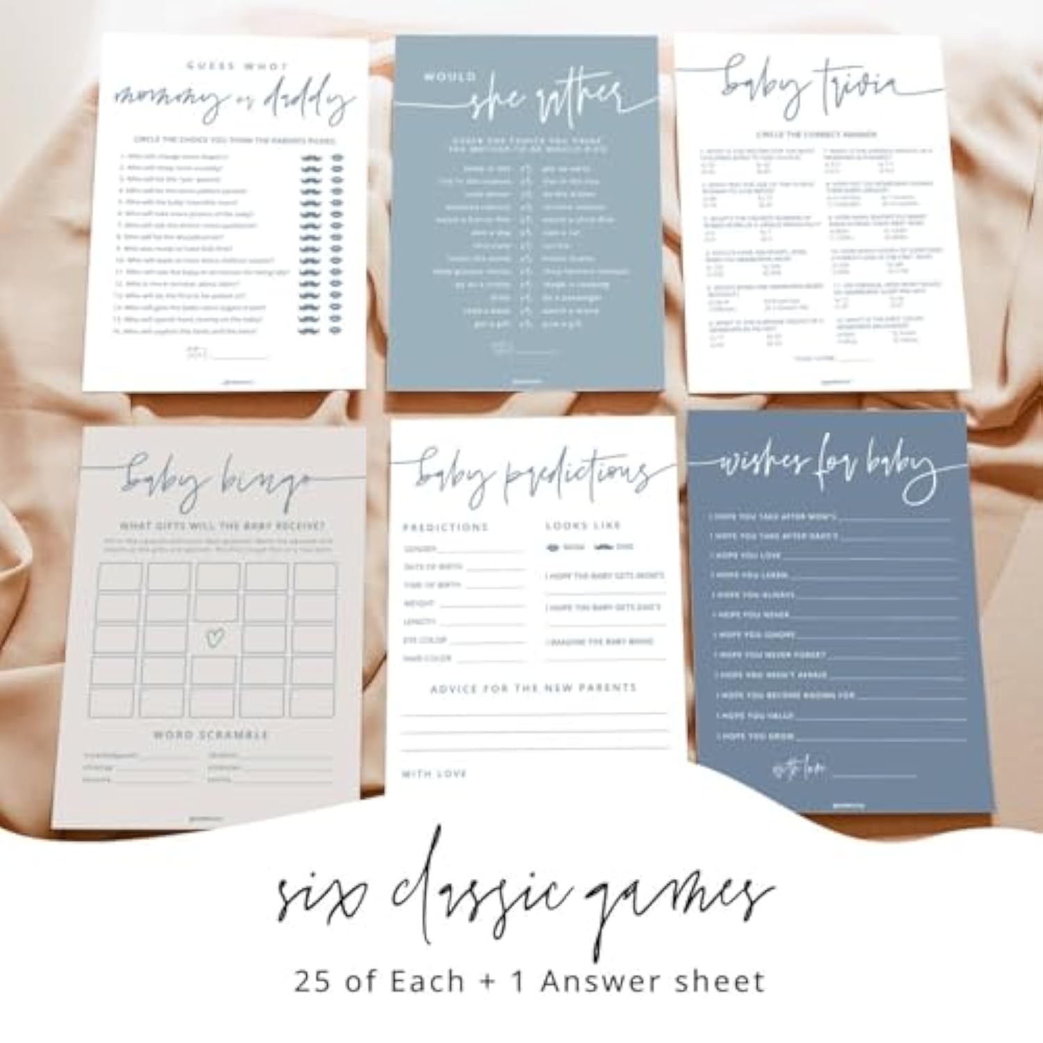 Baby Shower Games For Boy - Set Of 6 Baby Shower Games For 25 Guests, Double-Sided Thick Cards, Gender Neutral, Minimalist Blue
