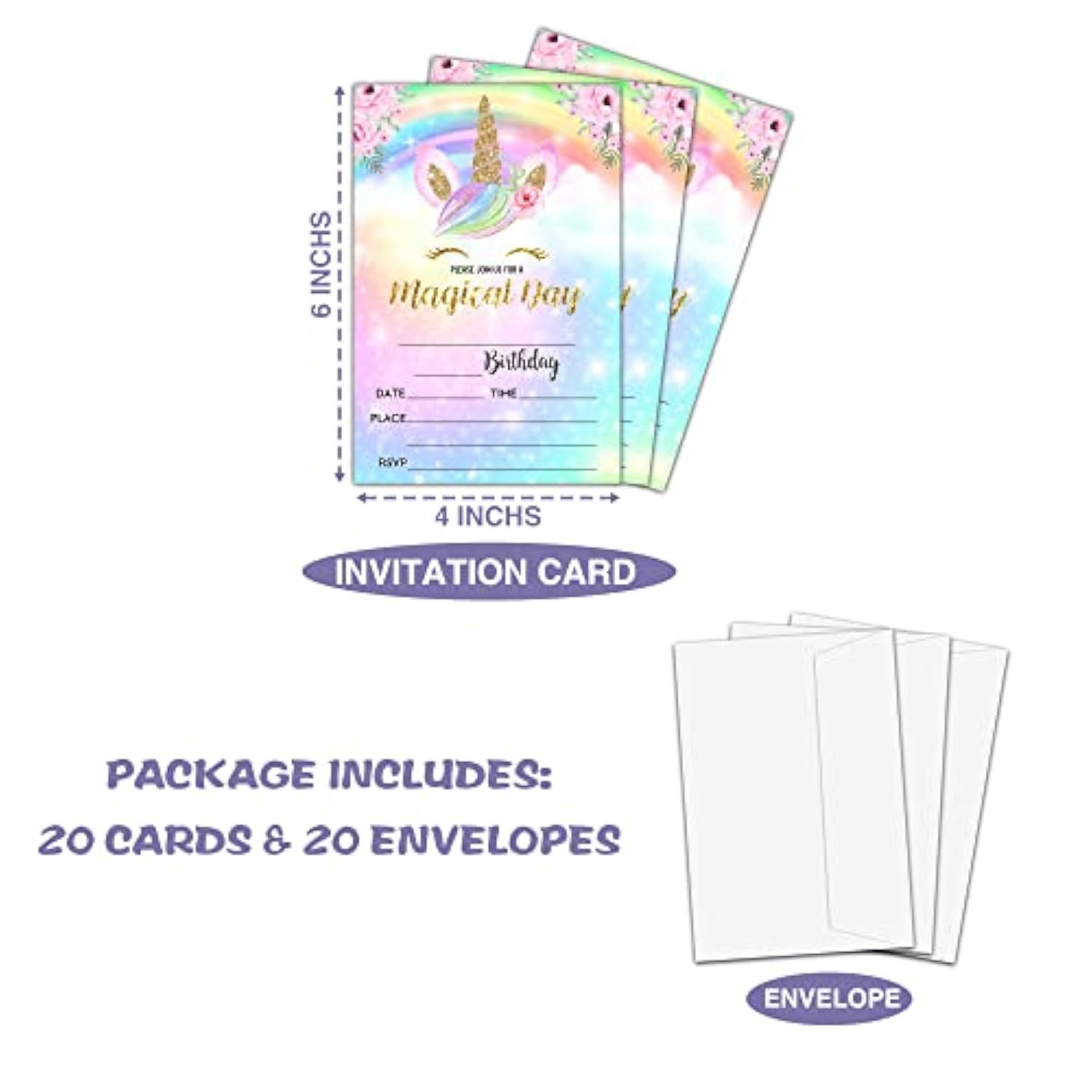 Unicorn Birthday Party Invitation, Magical Unicorn Themed Fill-In Invites For Friends, 20 Invitations With Envelopes (4" X 6"), Rainbow Party Favors Decorations And Supplies -29