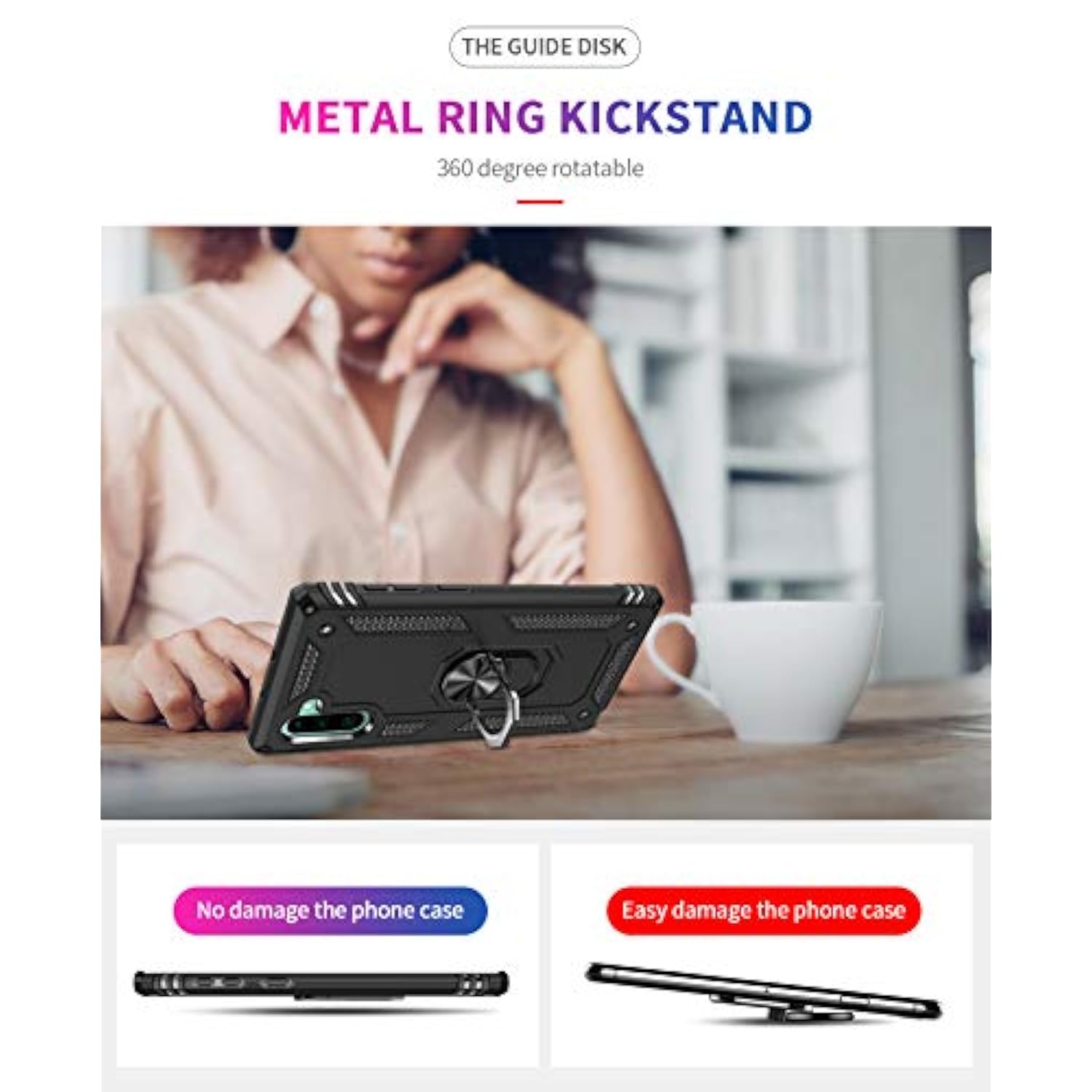 For Samsung Galaxy Note 10 Case, Note10 Case With Hd Screen Protectors, Military-Grade Metal Ring Holder Kickstand 15Ft Drop Tested Shockproof Cover Case For Samsung Note 10 (2019) Black