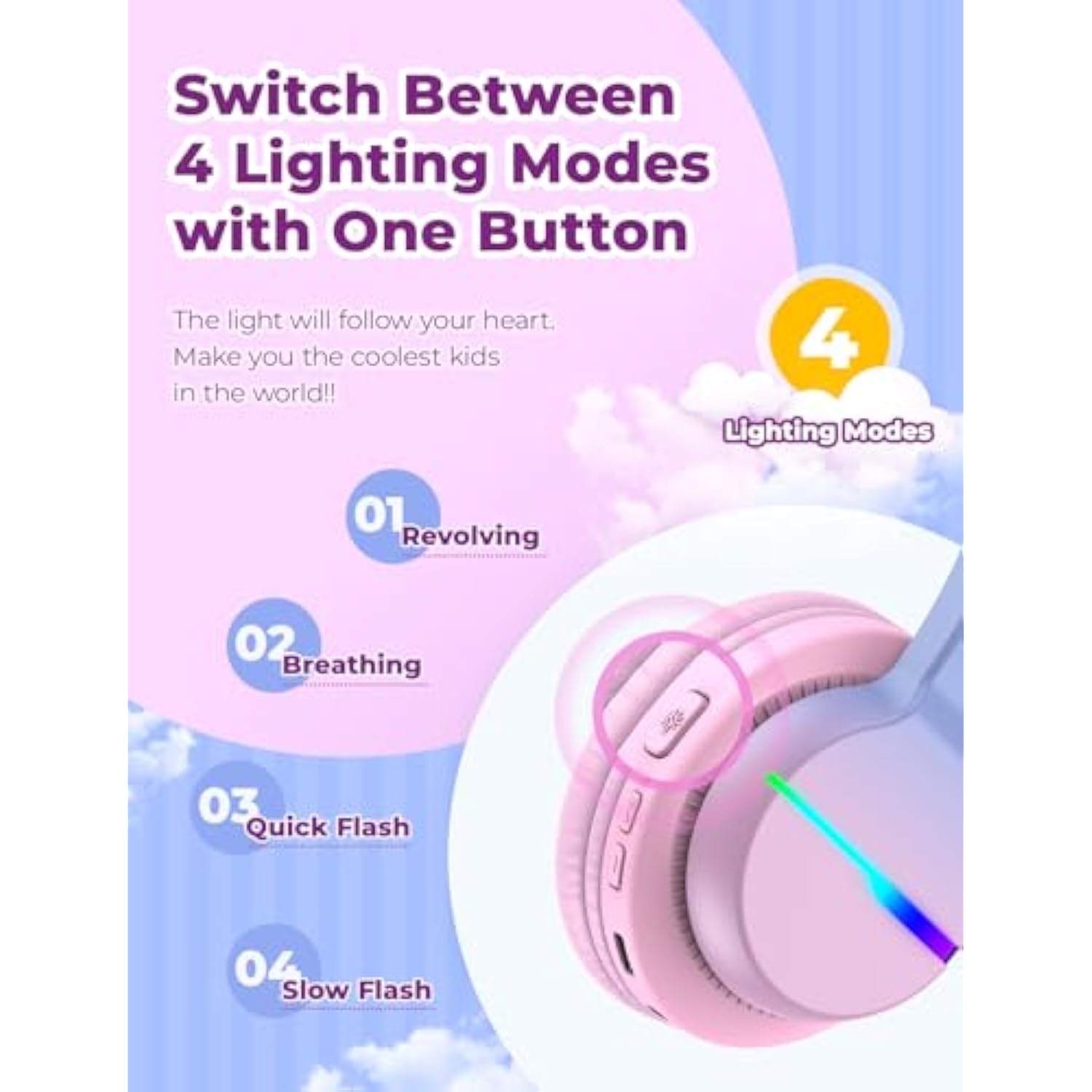 iClever BTH12 Kids Headphones, Colorful LED Lights Kids Bluetooth Headphones w
