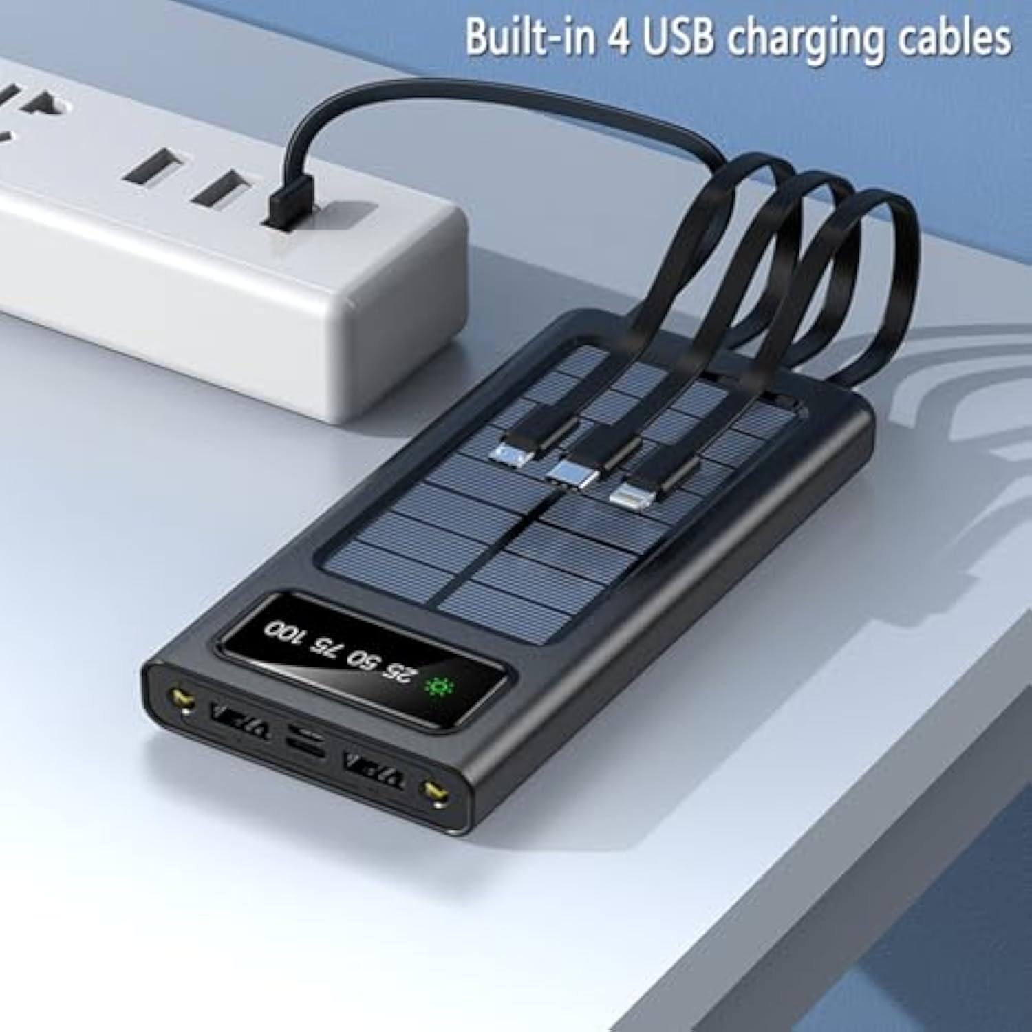 Power-Bank-Solar-Charger - 20000Mah Portable Charger,Solar Power Bank,Camping External Backup Battery Pack,Fast Solar Panel Charger With Dual Flashlight And 4 Usb Cables (Black)