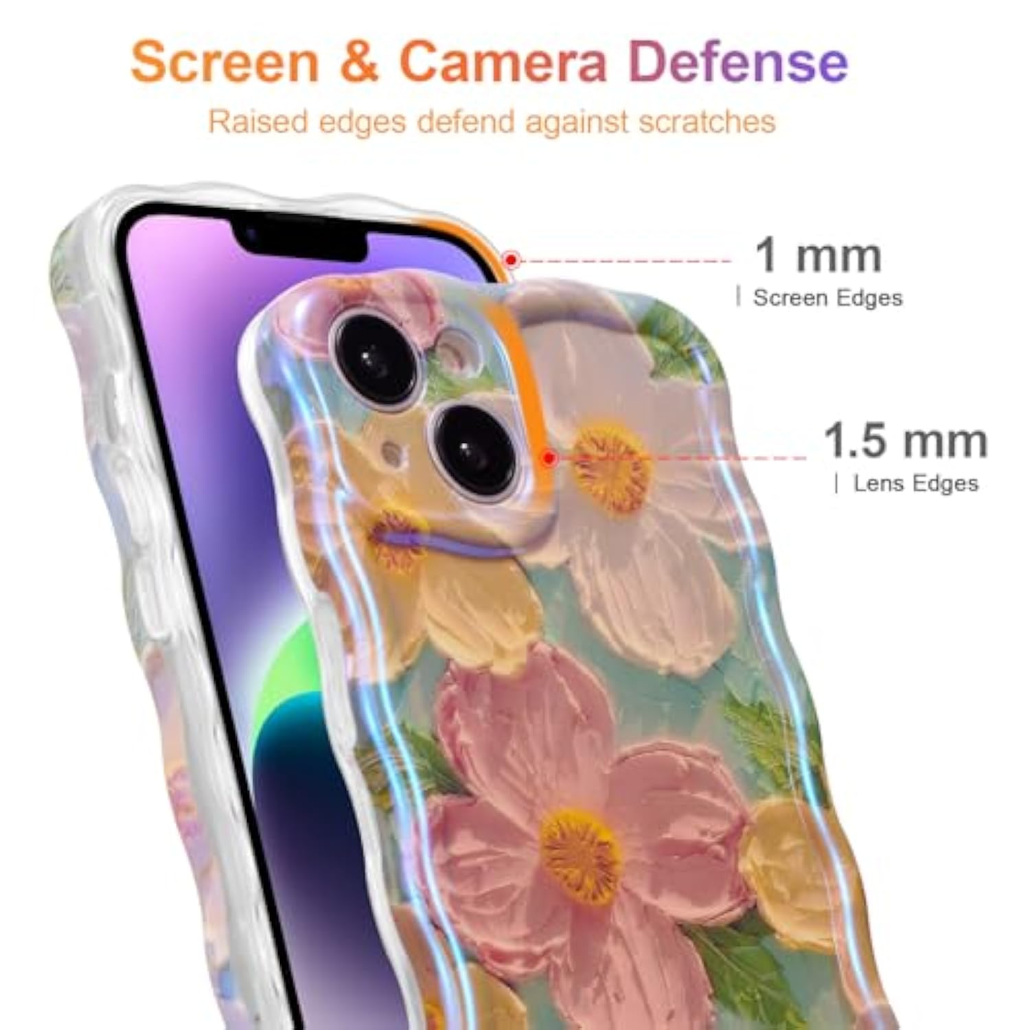 Case For Iphone 14 Plus/Iphone 15 Plus, Colorful Retro Oil Painting Flower Laser Glossy Cute Curly Wave Edge Exquisite Phone Cover Stylish Durable Tpu Protective Case For Girl Women - Green