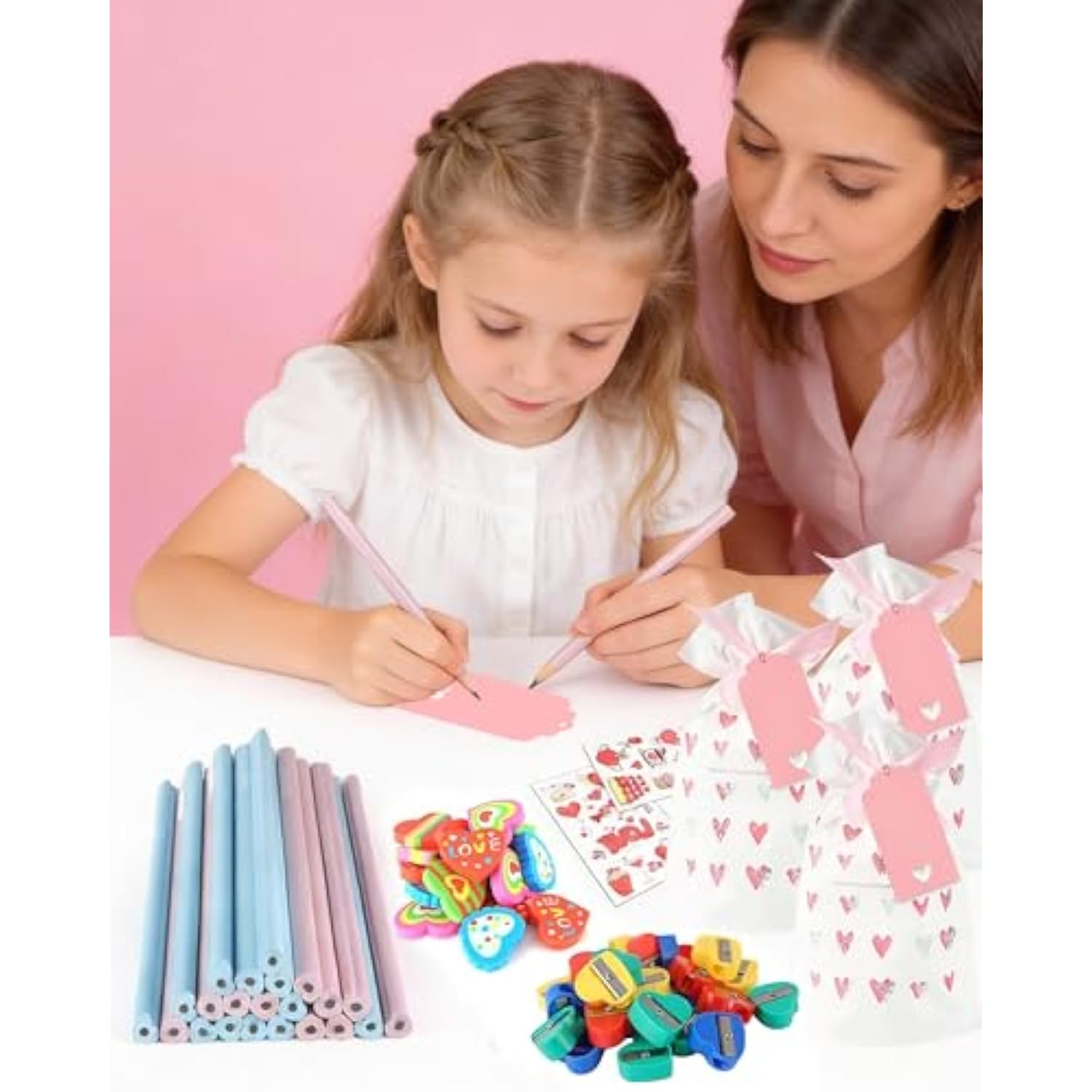 Class Valentines Day Gifts For Kids - 28 Pack Valentines Stationery Sets With Pencil Erasers Sharpener Tattoo Sticker - School Valentines Classroom Exchange Party Favors