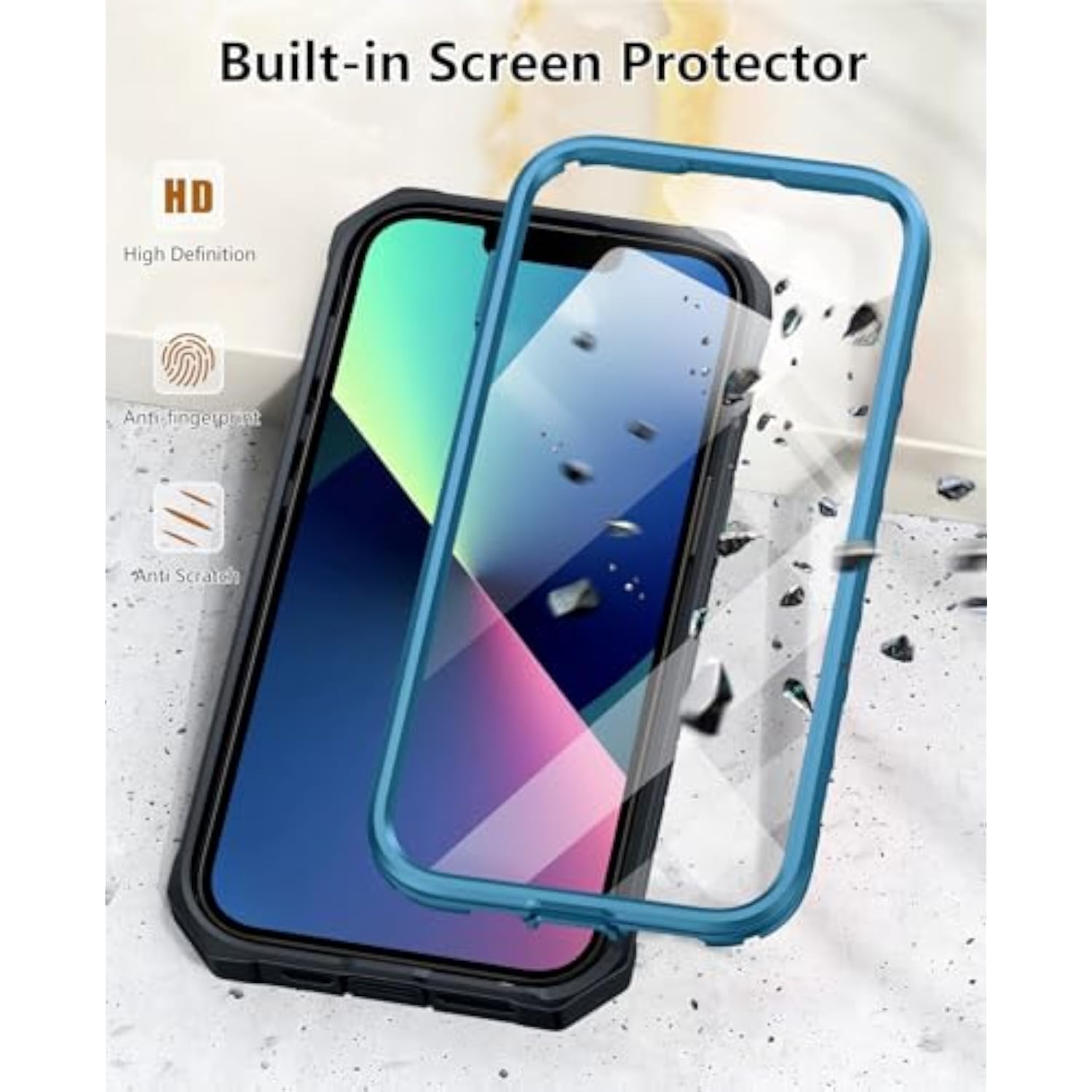 iPhone 13/14/15 Phone Case with Built-in Screen Protector Blue - Premium Protection and Stand Function