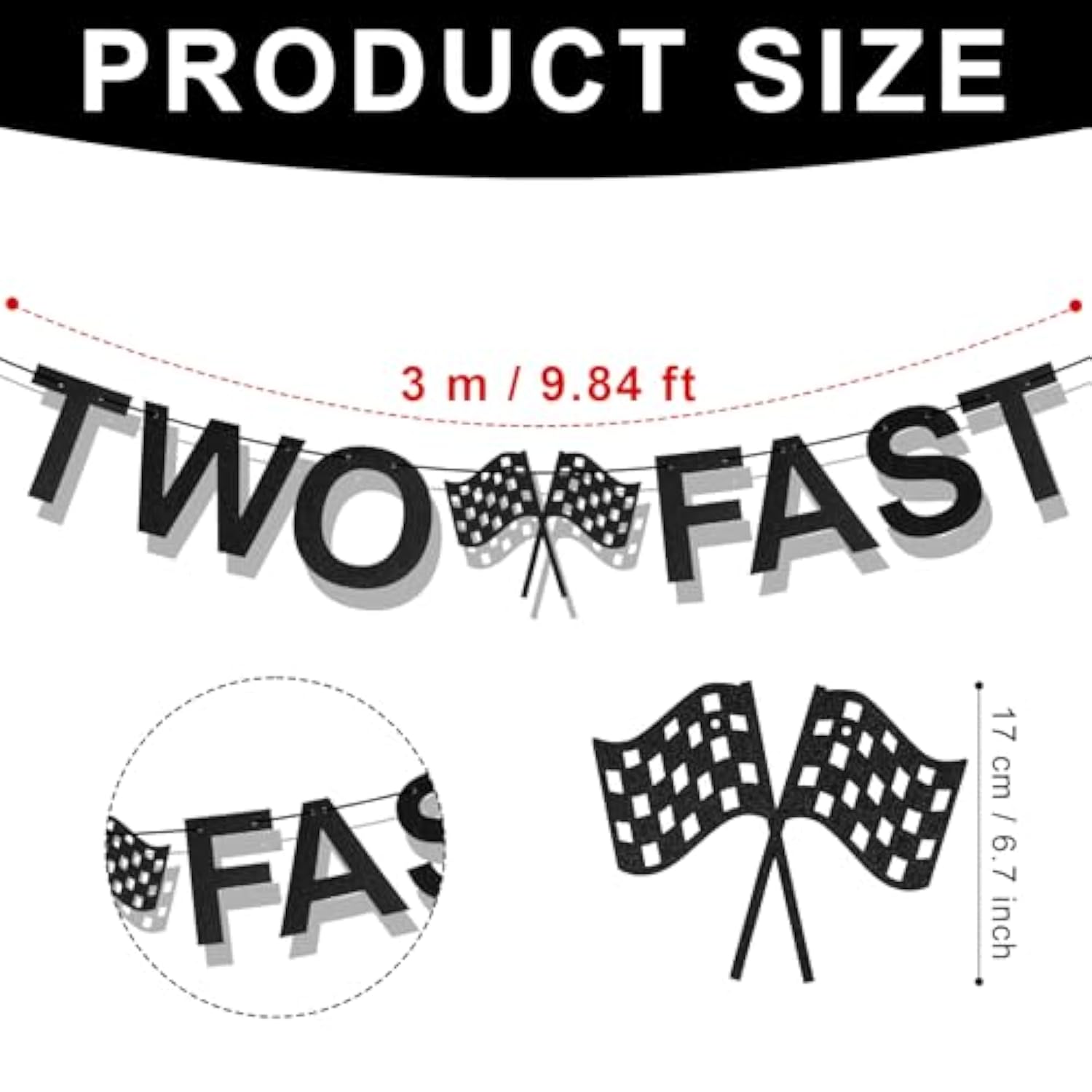 Two Fast Birthday Banner — Racing Theme with Checkered Flags & Party Decor