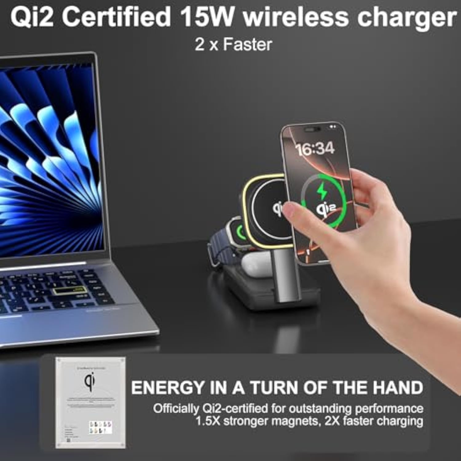 Magnetic Wireless Charger Apple Charging Station,Qi2 Certified 3 In 1 Wireless Charging Station Night-Lamp,Mag-Safe Charger Compatible With Apple 17/16/15/14/13/12&Air-Pods&Iwatch(Black)