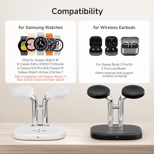 Dual Watch Charger for  Galaxy Watch 8 Classic/8/Ultra/7/6/6 Classic/5 Pro/5/4/3/Active 2, for Galaxy Buds 3 Pro/3/2 Pro, 3 in 1 Wireless