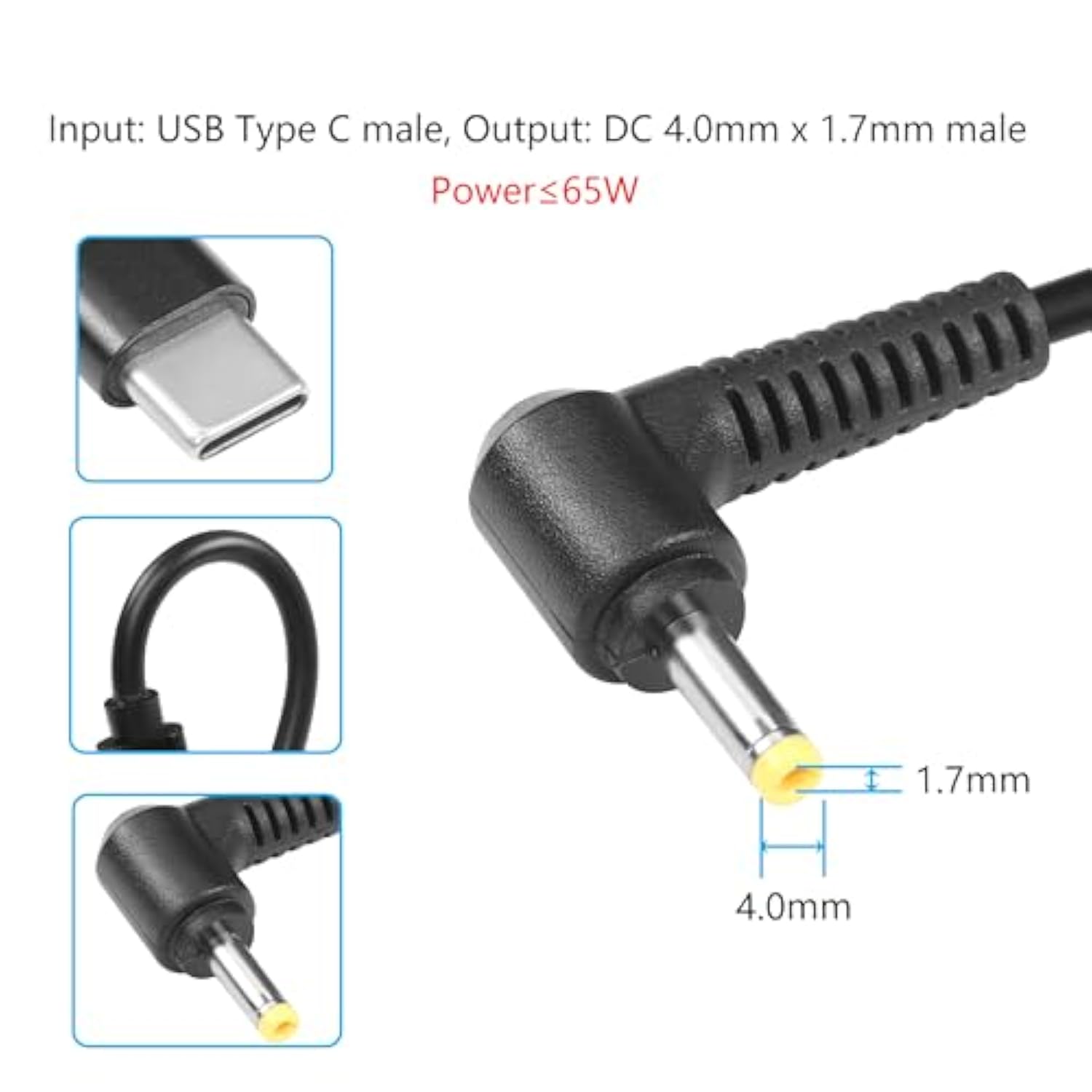 12V Type C To Dc 4.0 X 1.7Mm Power Charging Cable, 59Inch Usb C Male To Dc4017 Male Extension Charge Cable For 12V Router, Camera, Desk Lamp, Electric Tool 1.5M (12V)