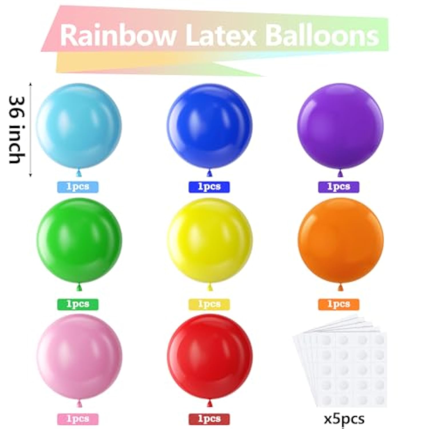 8-Pack 36" Rainbow Giant Balloons – Large Multicolor Latex Balloons for Party Decorations