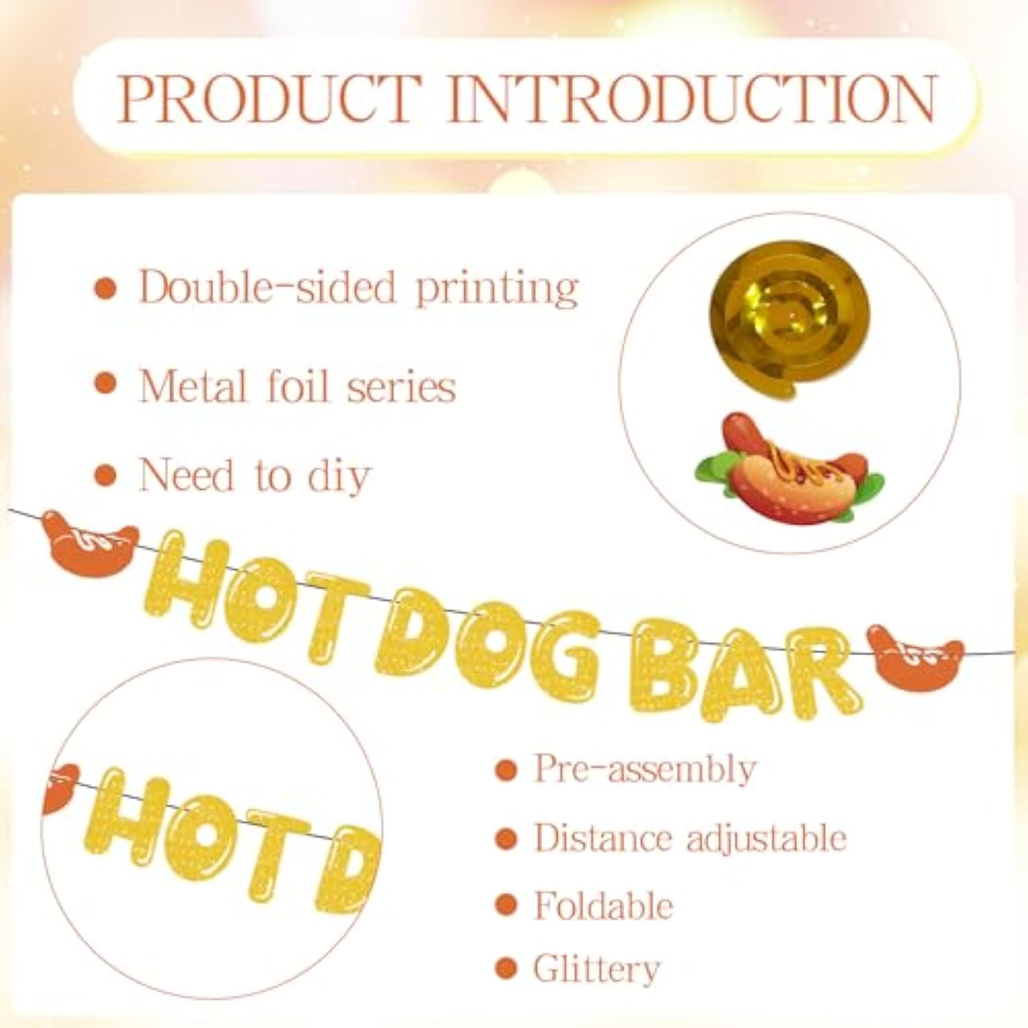 9 Pcs Hotdog Bar Glitter Banner & Hanging Swirls for Sausage Food Party Decor