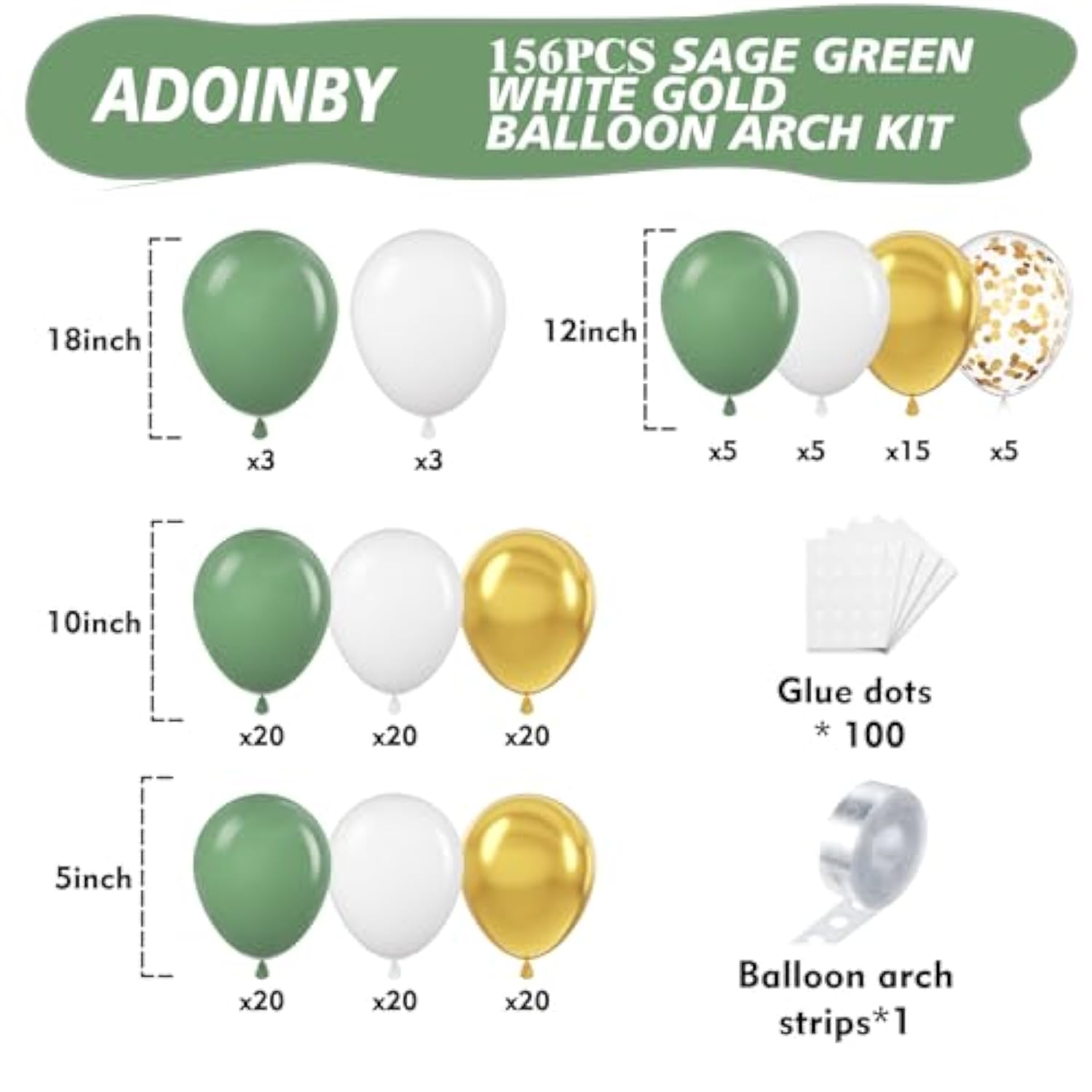 156Pcs Sage Green, White & Gold Balloon Garland Kit – 5–18" for Party and Event Decor