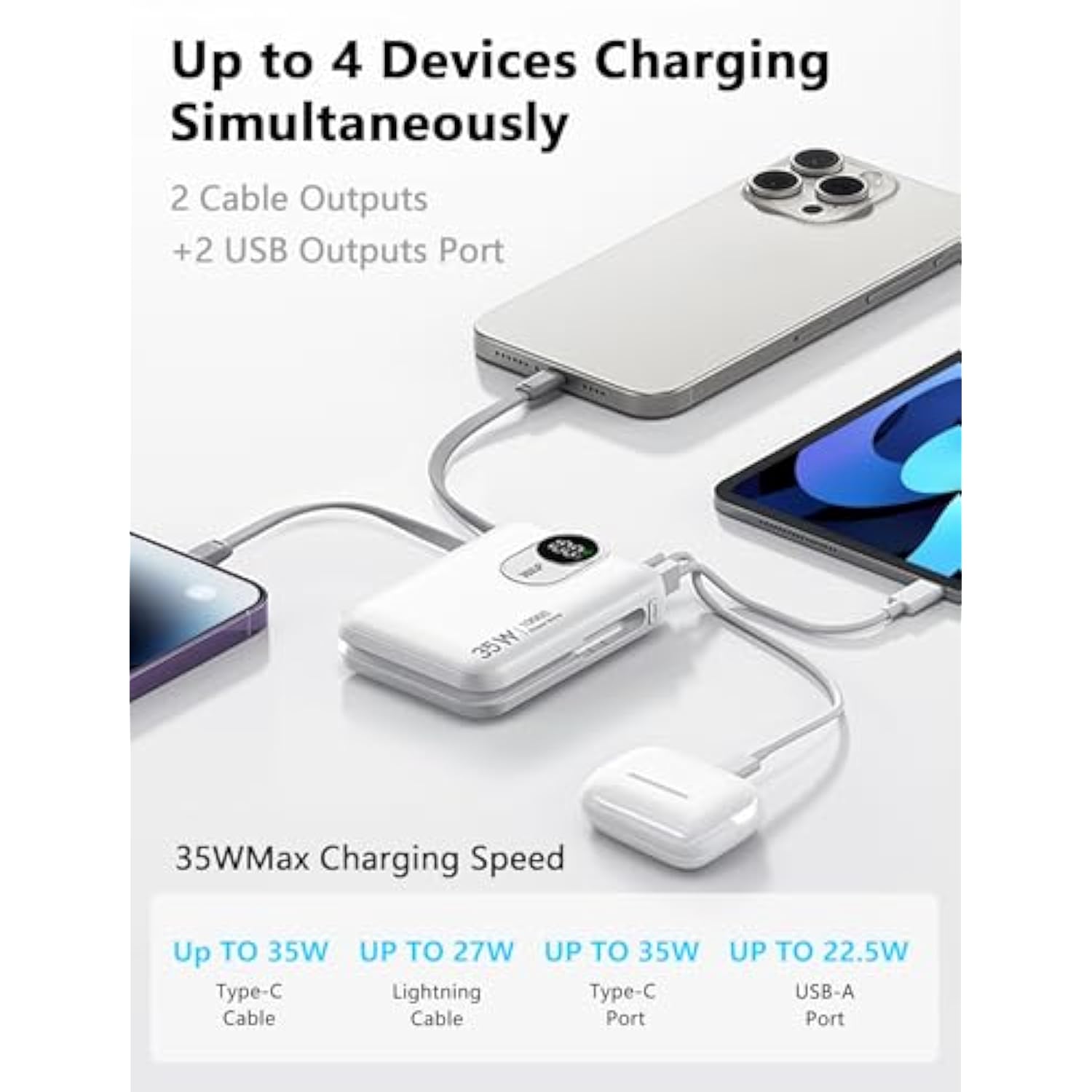 Portable Charger,10000Mah Power Bank With 2 Built-In Cables(Type-C&Lightning),4 Outputs,35W Fast Charging - Usb C External Battery Pack For Iphone 16 15 14, Android, Ipad,Mackbook Etc