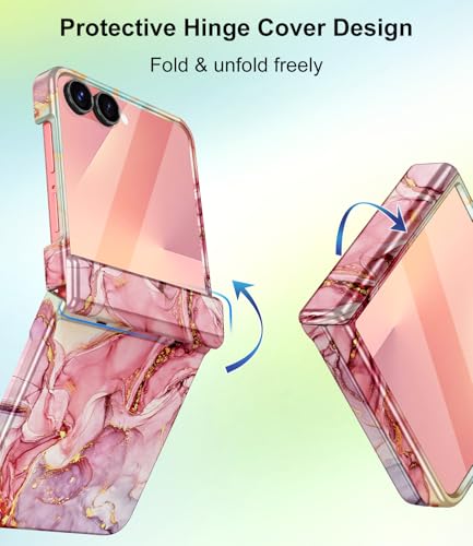 For Samsung Galaxy Z Flip 7 Case,Built In Front Screen Protector,Gold Glitter Marble Pattern Hard Pc Slim Shockproof Full Body Drop Protective Case For Galaxy Z Flip 7 5G (2025), Rose Gold