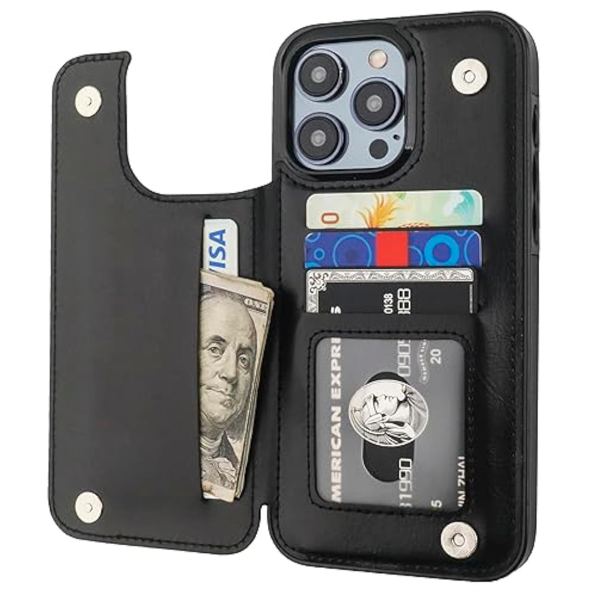 Onetop Compatible With Iphone 15 Pro Max Wallet Case With Card Holder, Pu Leather Kickstand Card Slots Case, Double Magnetic Clasp And Durable Shockproof Cover 6.7 Inch (Black)