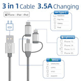 3 In 1 Charging Cable Adapter,Apple Mfi Certified Lightning,Type-C,Micro Usb Cable,Compatible With Iphone 16/15/14,Ipad,Huawei, Htc,Lg,Samsung Galaxy,Sony Xperia,Car Charger(1 Pack,3.4Ft)