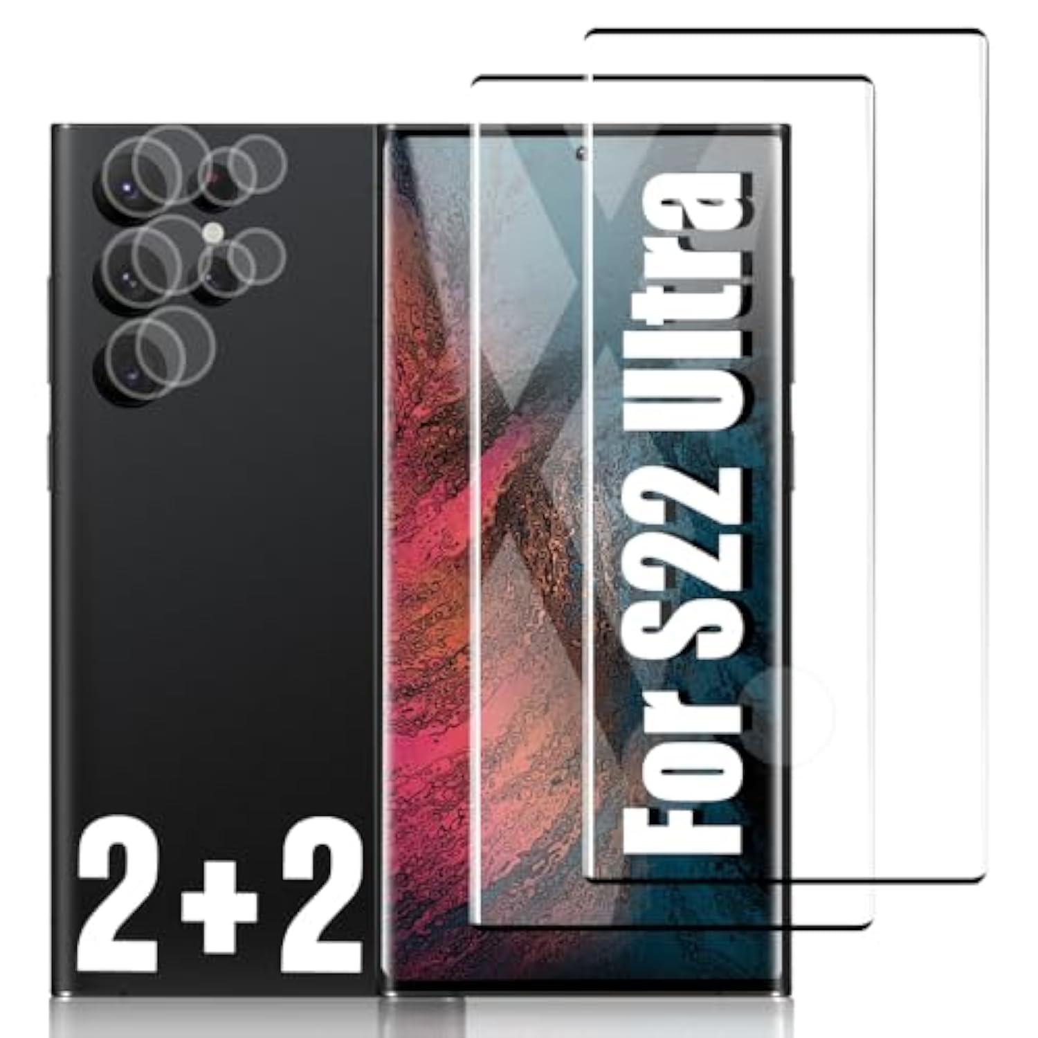 [2+2 Packs] For Galaxy S22 Ultra Screen Protector 6.8 Inch And Camera Lens Protector, 9H Tempered Glass Scratch Resistant, Fingerprint Unlock, Anti Oil Anti Water, Easy To Install No Bubble
