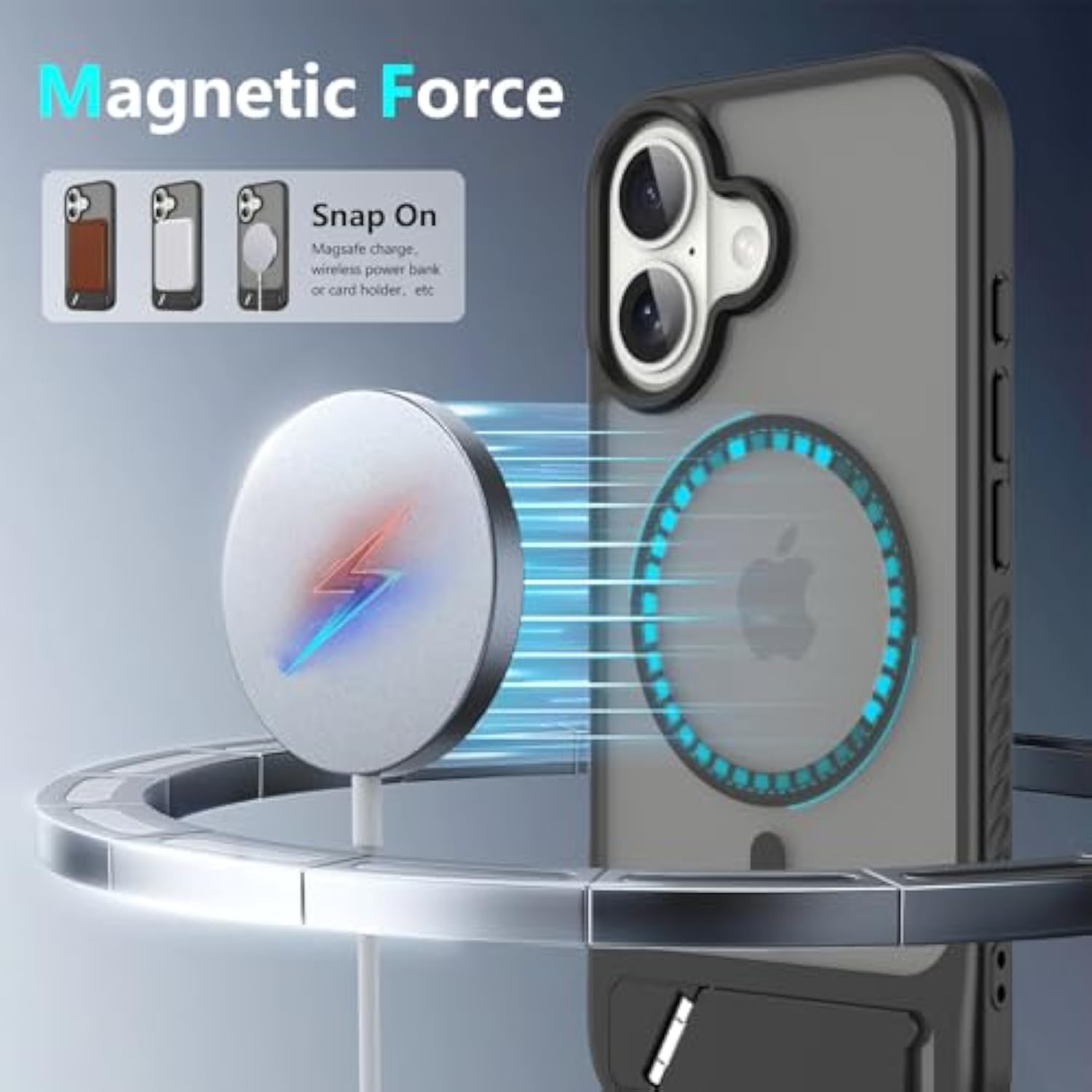 For Iphone 16 Case: [Fit For Magsafe] Strong Magnetic & Invisible Stand, Military-Grade Drop Protection With Screen Protector, Adjustable Kickstand Slim Frosted Translucent Matte Phone Case, Black