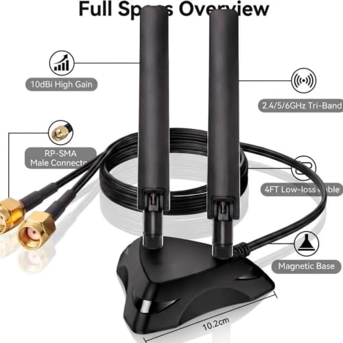 High Gain 10Dbi Wifi Antenna, Tri-Band 2.4/5/6Ghz For Router & Pc, Long Range Rp-Sma Male Magnetic Base With 4Ft Extension Cables Boost Signal For Gaming, Streaming, Iot, For Asus, Tp-Link, Netgear