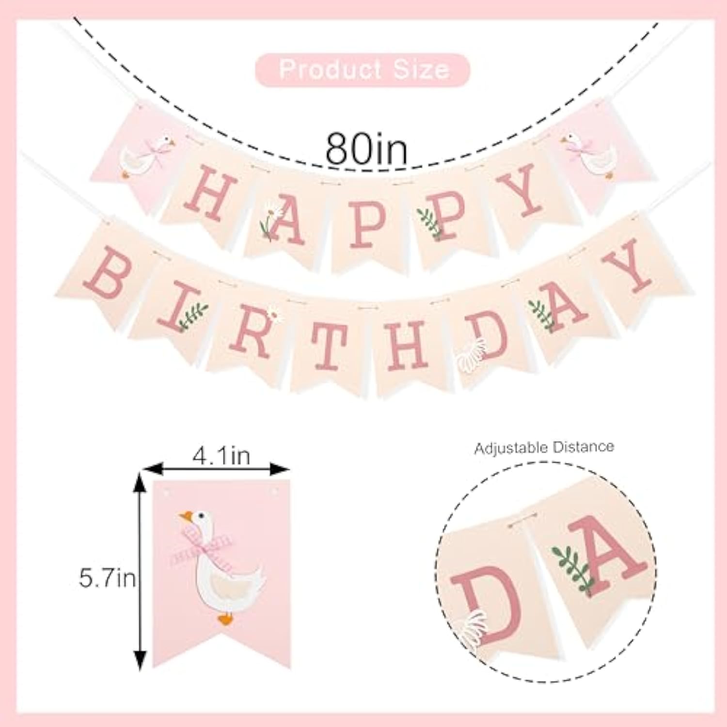 Goose Happy Birthday Banner - Sweet Pink Birthday Party Decorations,One Funny Goose Banner Photo Props,Daisy Leaf Lawn Party Garland,Happy Cake Smash Wall Hanging Decoration
