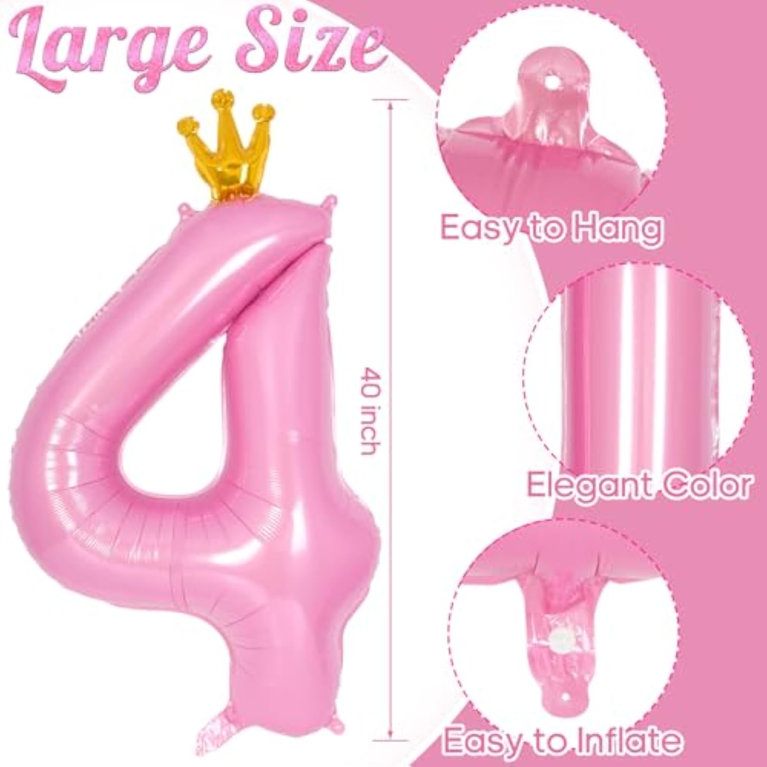 40" Pink Crown Number 4 Balloon – Large Foil Helium Balloon for Princess 4th Birthday Decorations