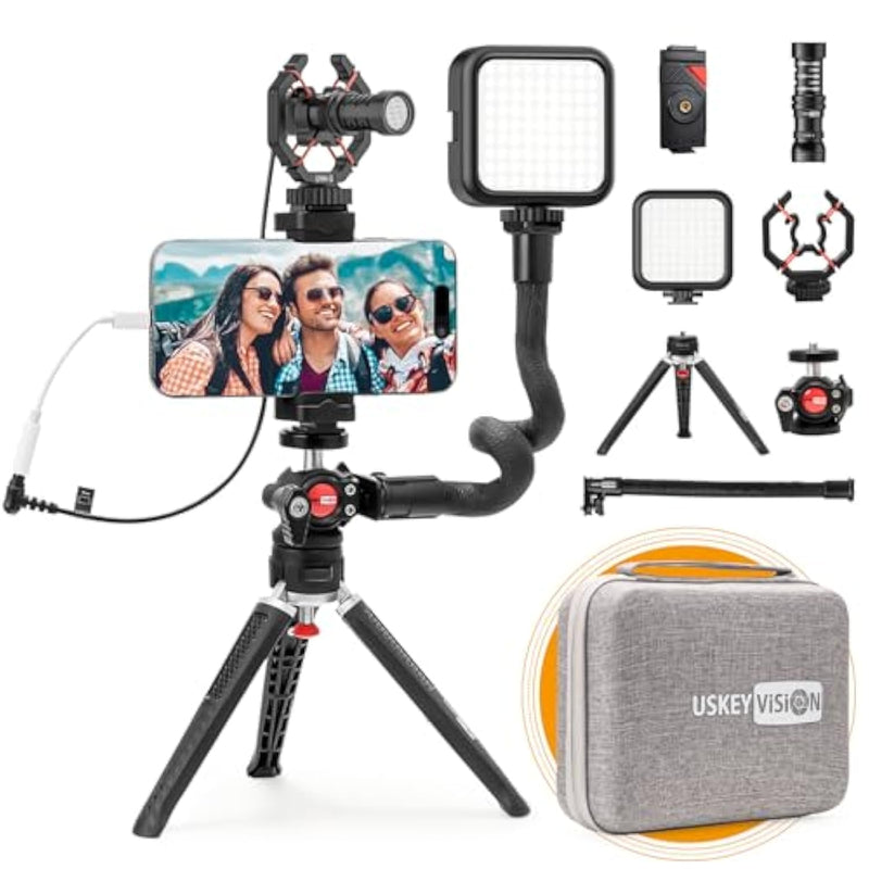 Smartphone Video Vlogging Kit Metal Microphone Light Tiktok Youtube Podcast Equipment For Iphone 15/14/13 Mini/Pro/Max, Android Smartphone (V-Master)