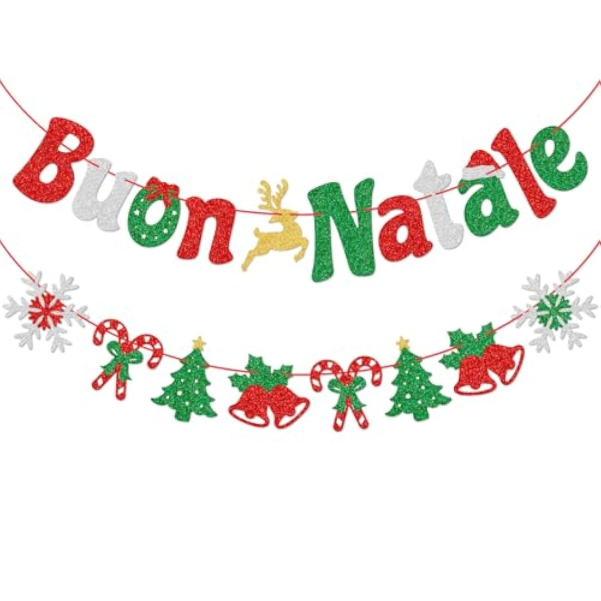 Buon Natale Banner - Glitter Italian Christmas Banner, Party Decor, Merry Christmas Sign - Pre-Strung