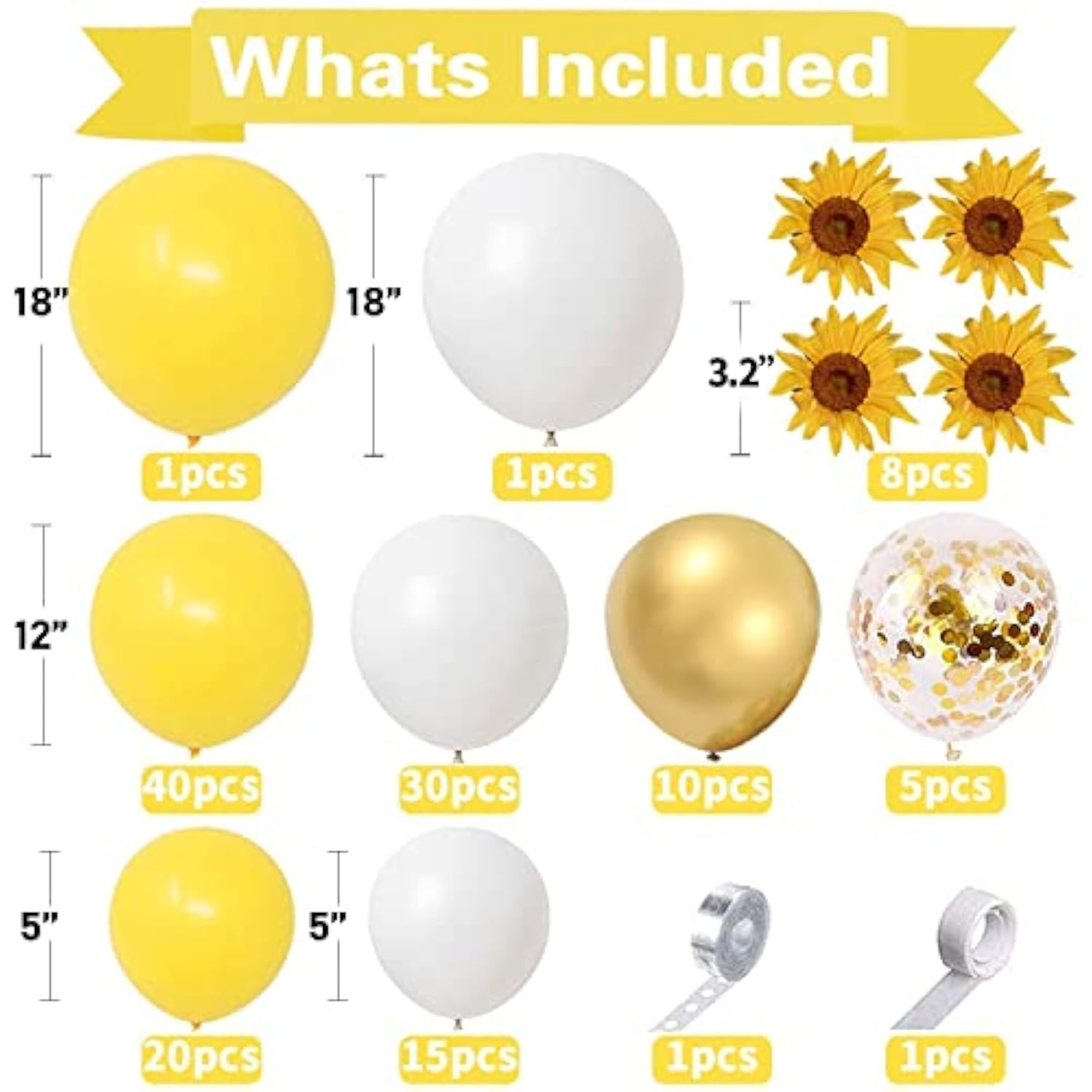 18Inch Sunflower Yellow Gold White Balloons Balloon Garland Arch Kit, Sunflower Bee Theme Birthday Baby Shower Wedding Party Decorations For Girl Boy