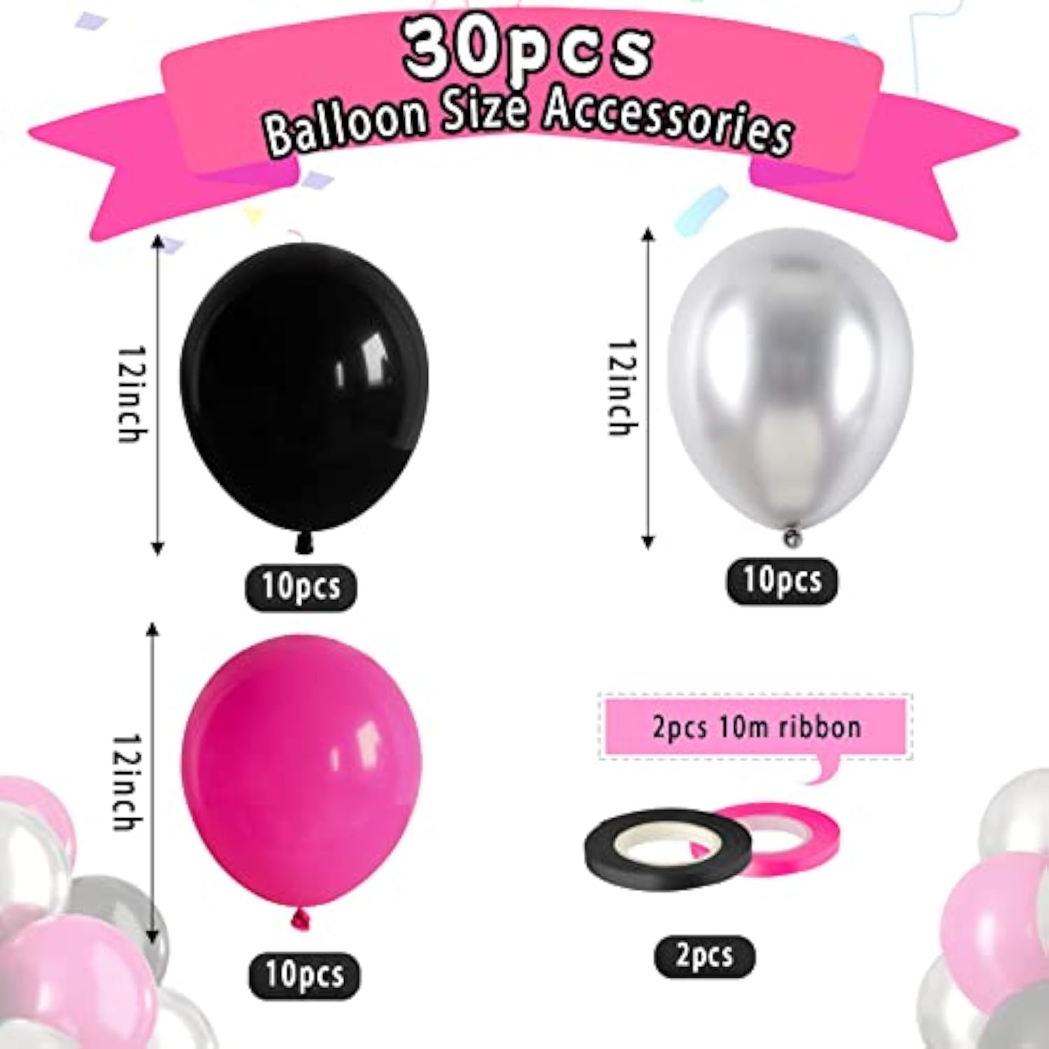 30pcs Hot Pink, Black & Silver Balloons with Ribbons for Birthday, Wedding and Party Decor