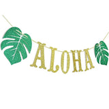 Hawaiian Aloha Banner Decorations With Palm Leaves Garland For Hawaiian Tropical Luau Beach Summer Party Supplies Decor Favors Bunting Photo Booth Props Sign (Gold & Green Glittery)
