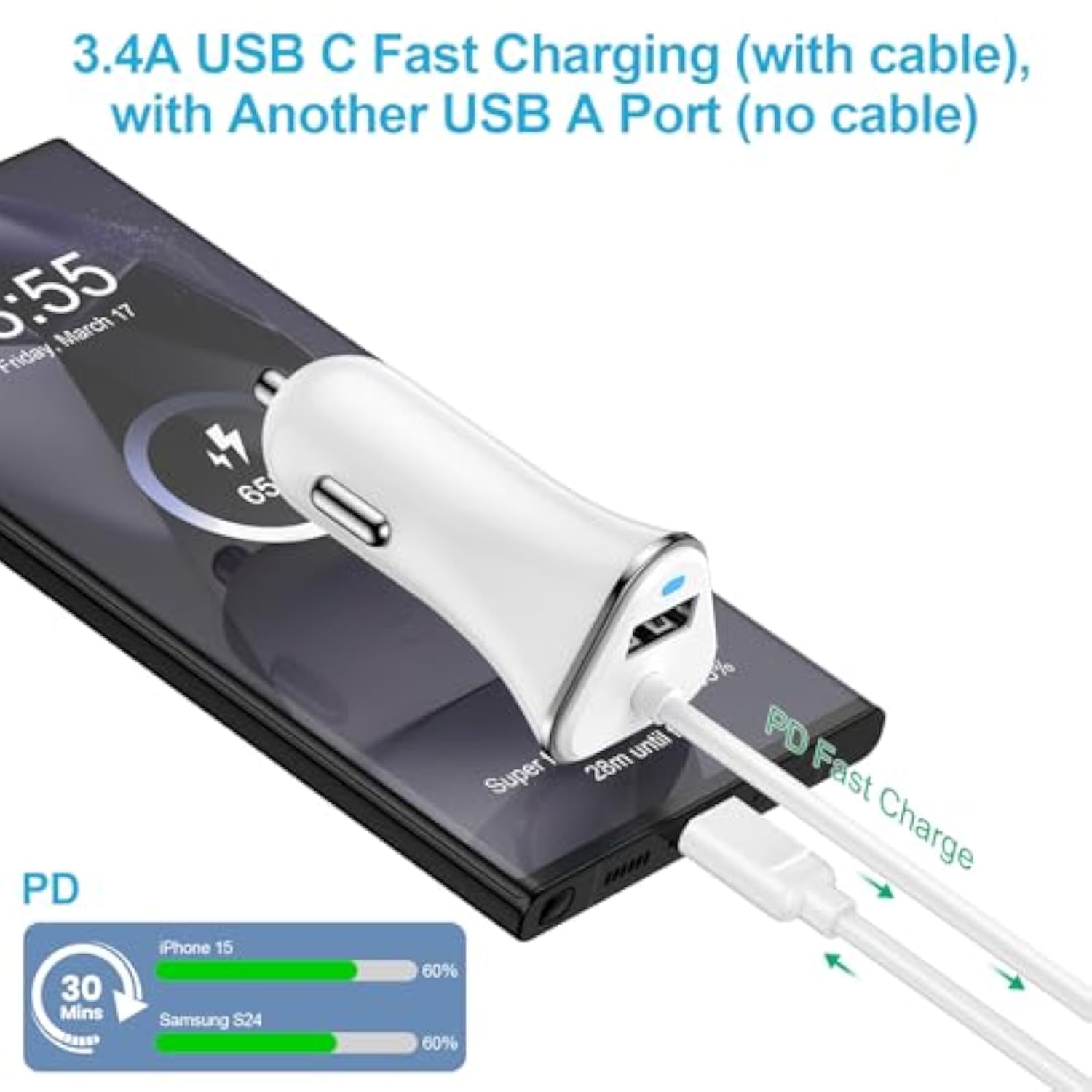Pixel 10 Pro Xl Car Charger For Google Pixel 10, 10 Pro, 10 Pro Xl, 10 Pro Fold, 3.4A Fast Car Charger Adapter With Usb C 3Ft Cable For 9, 9 Pro Xl Fold, 8 7 6 Pro 5 4 3 2 Xl 9A 8A 7A 6A 5A 4A 3A