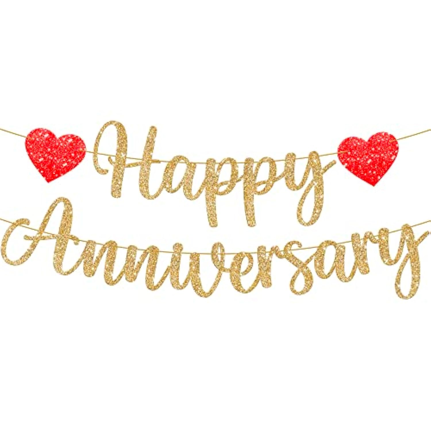 , Glitter Happy Anniversary Banner Gold - No Diy, 2 String, 10 Feet | Happy Anniversary Decorations For Party | Sign For Wedding Decorations, Romantic Decor