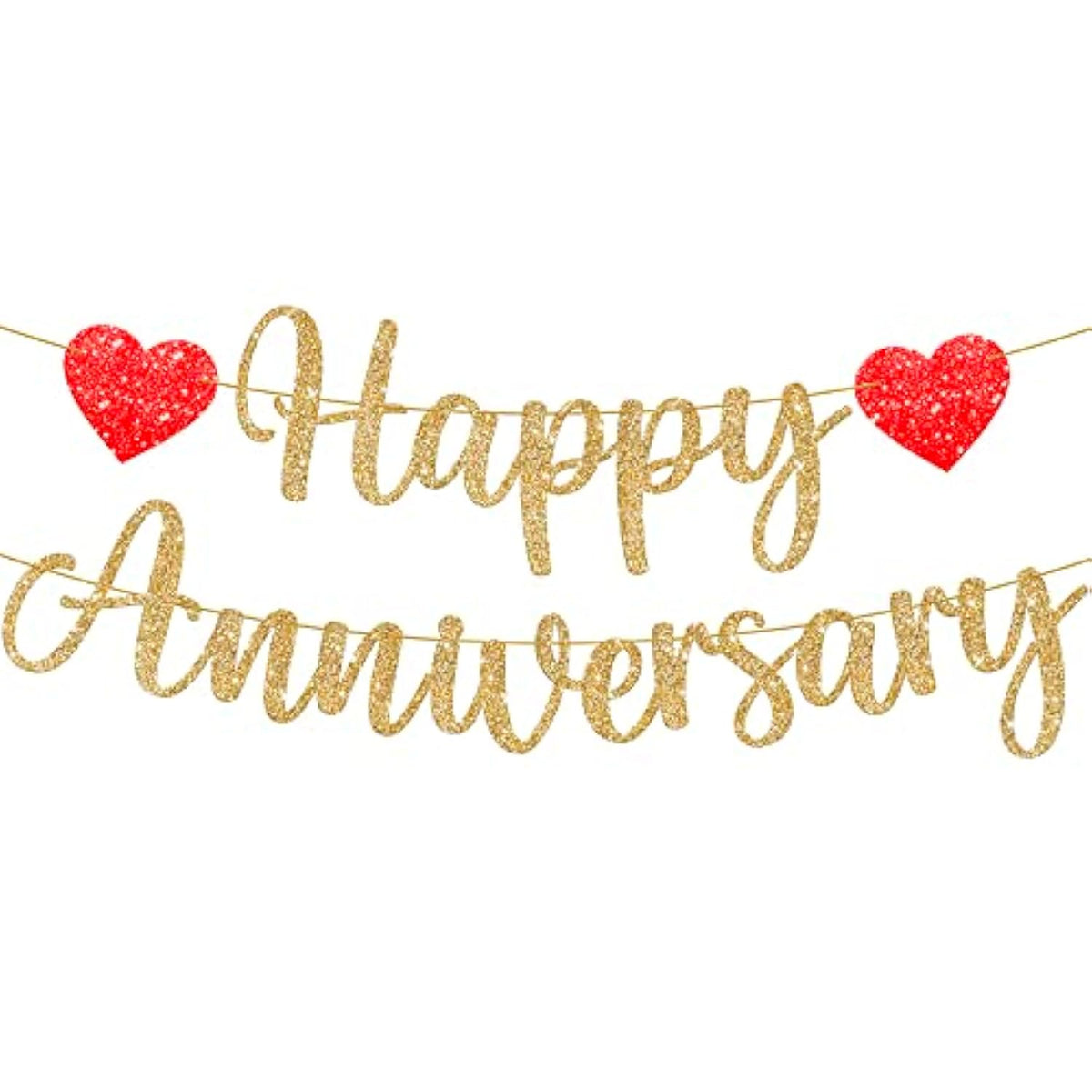 , Glitter Happy Anniversary Banner Gold - No Diy, 2 String, 10 Feet | Happy Anniversary Decorations For Party | Sign For Wedding Decorations, Romantic Decor