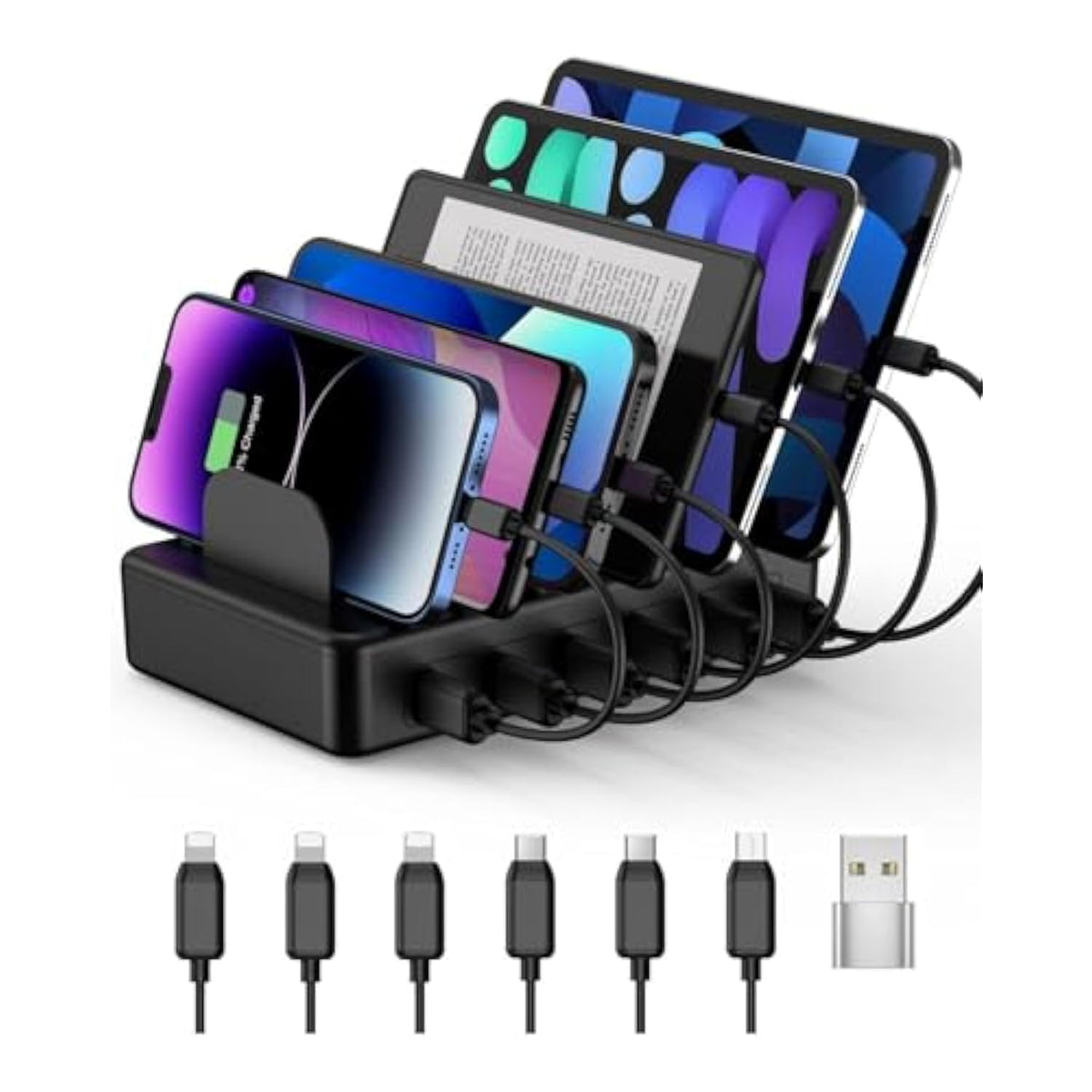 50W 6 Ports Multi Charger Station With 6 Charging Cables, Usb Charging Dock For Multiple Devices, Compatible With Cellphone Ipad Kindle Tablet And Other Electronic Devices