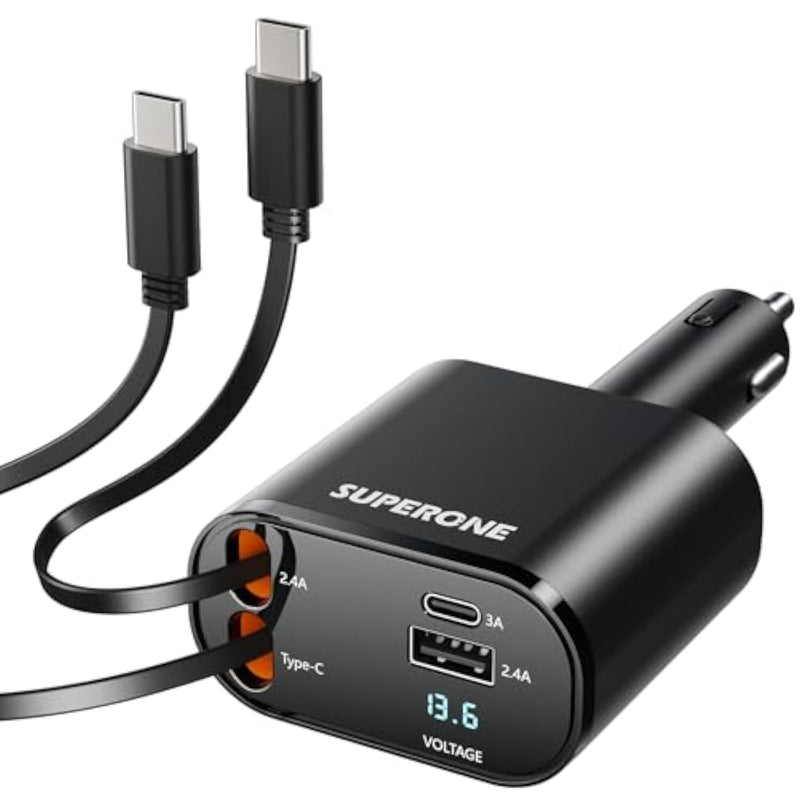Retractable Car Charger For Iphone With Dual Type C Cables, 4 In 1 Usb C Car Charger Adapter With Pd 60W Fast Charging Compatible With Iphone 16 15 14 13 12 11 Pro/Xs/Xr/Se/Ipad/Airpods